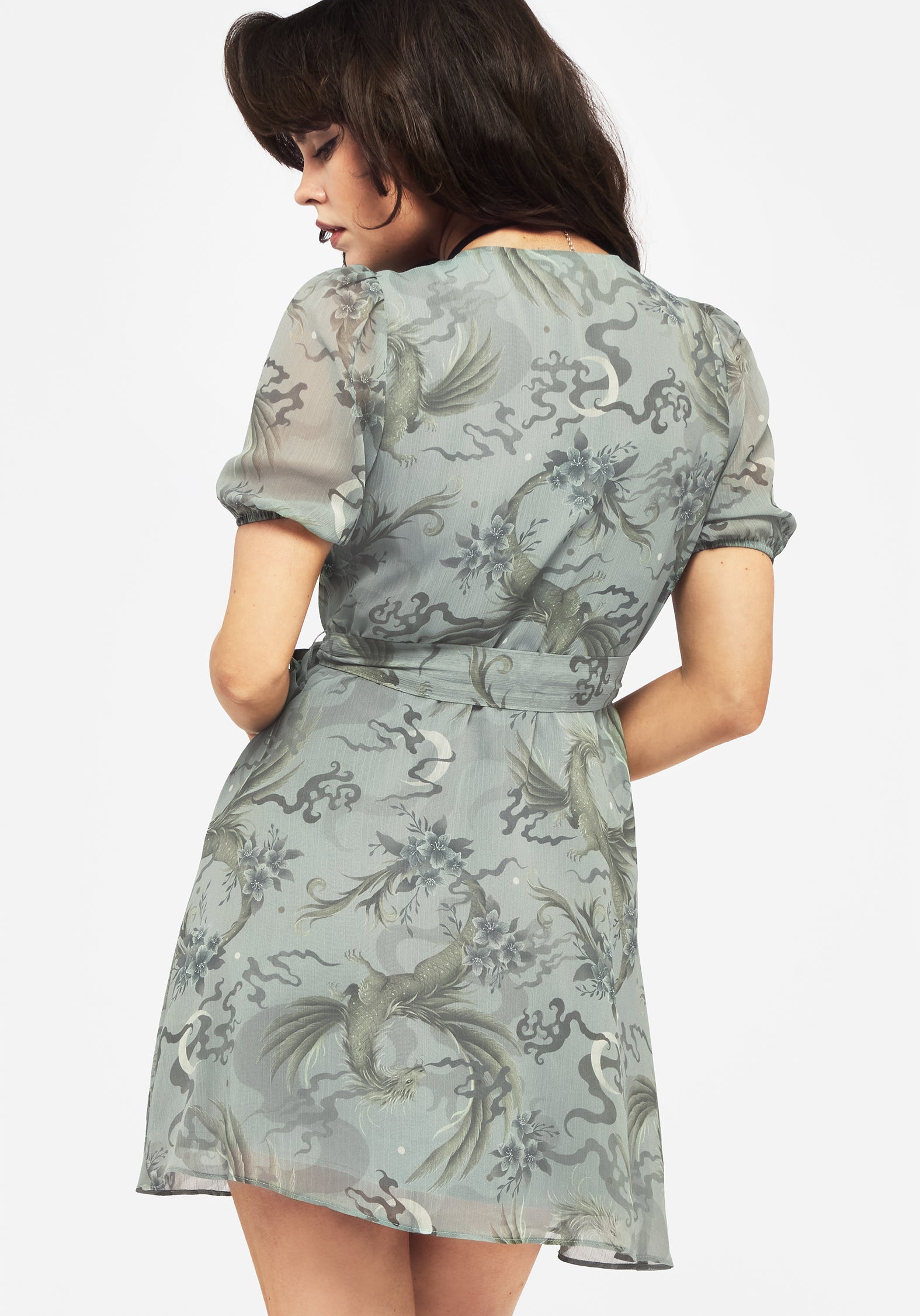 Sapphira Dragon Druck Chiffon Mini Wickel Kleid