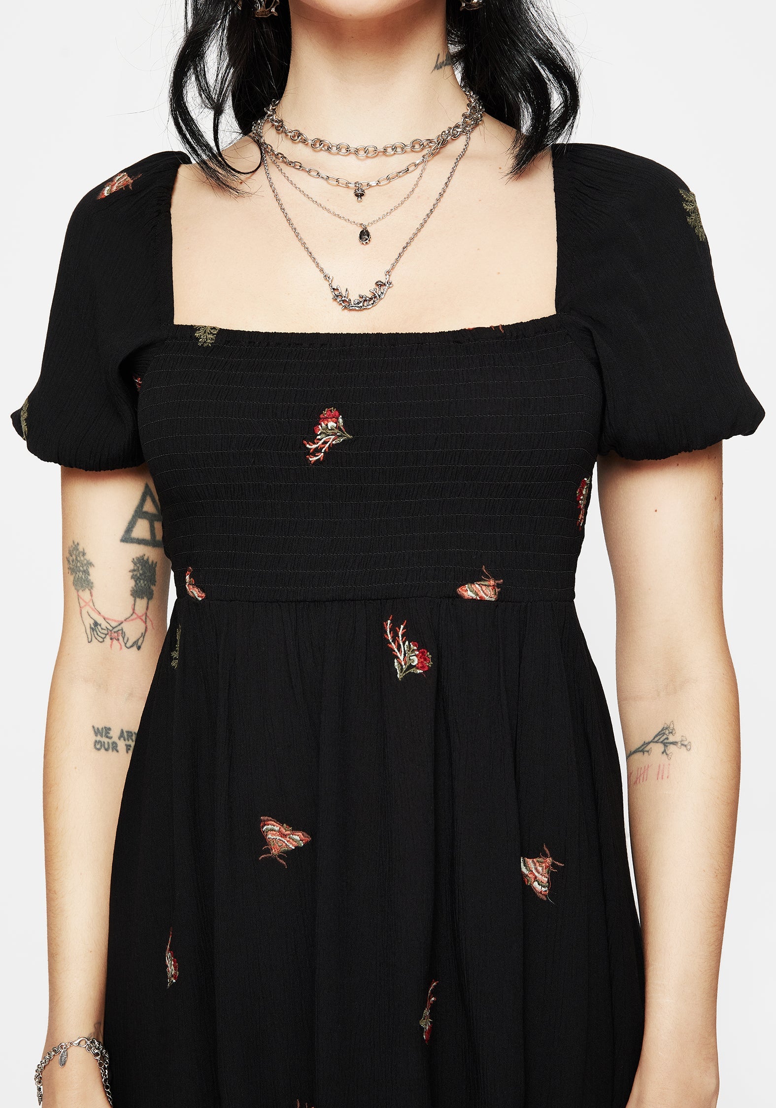 Copia Motte Bestickt Puffärmel Ärmel Mini Kleid