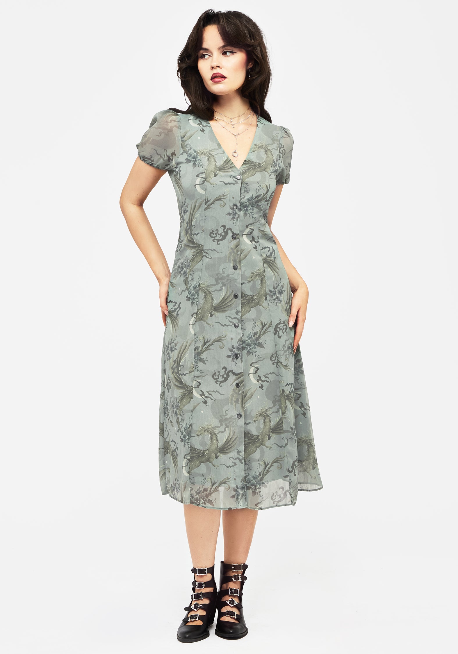 Sapphira Dragon Druck Chiffon Knopf Hoch Midi Kleid