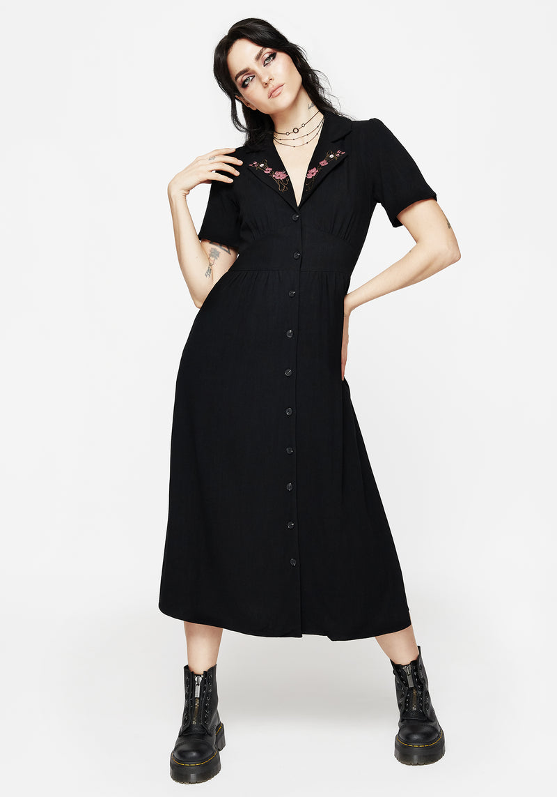 Aster Bestickt Kragen Midi Hemd Kleid