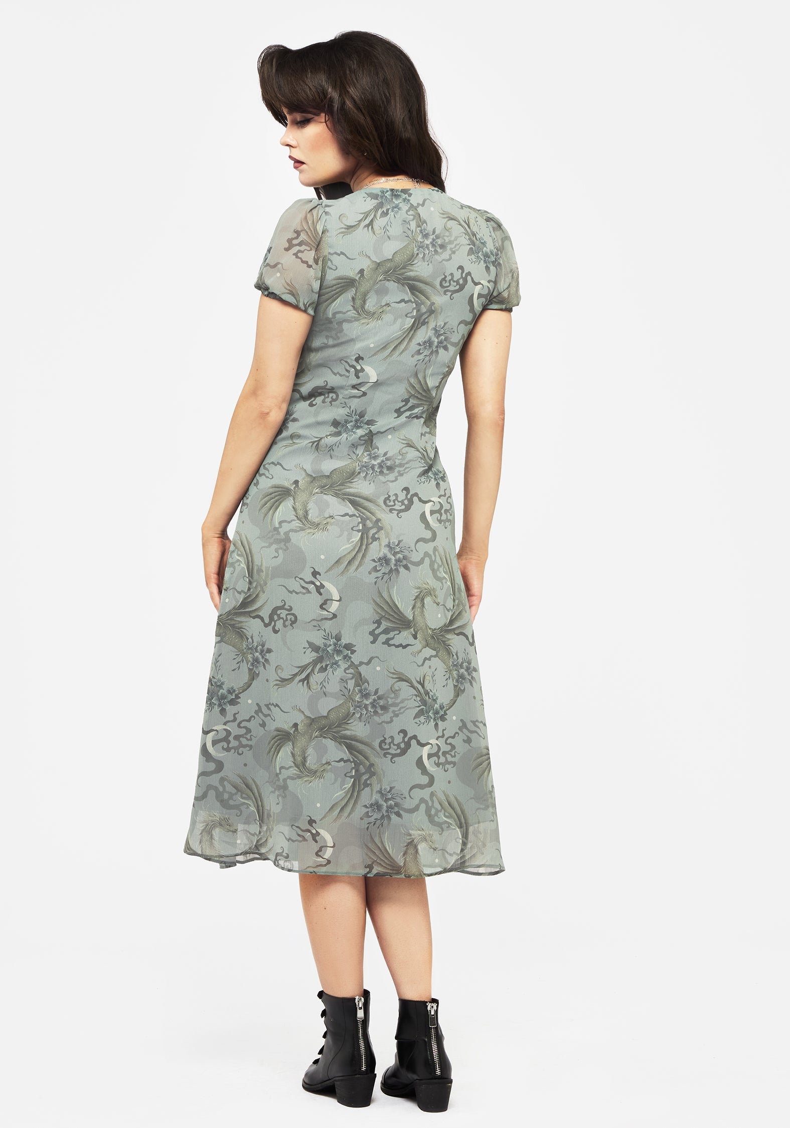Sapphira Dragon Druck Chiffon Knopf Hoch Midi Kleid