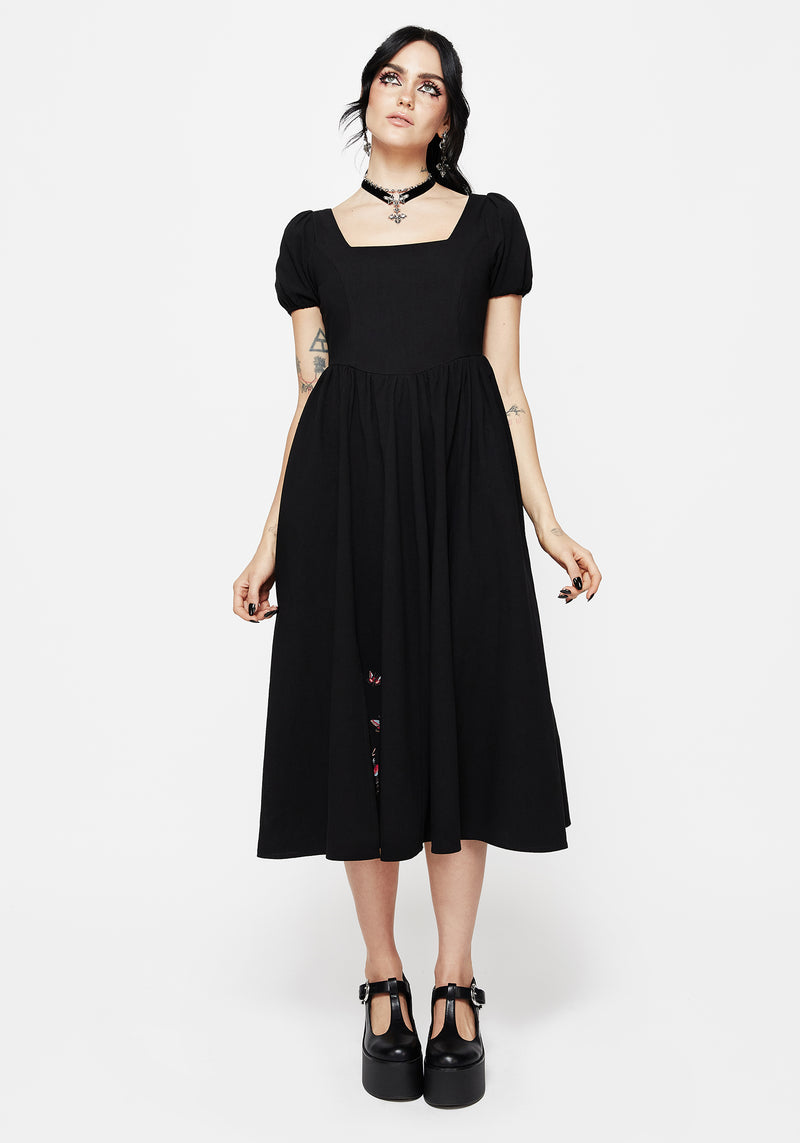 Copia Motte Bestickt Baumwolle Puffärmel Ärmel Geteilt Rock Midi Kleid