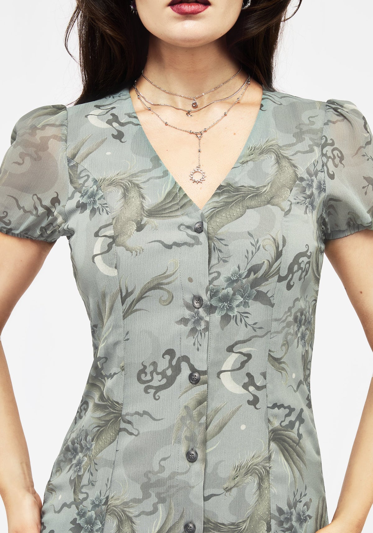 Sapphira Dragon Druck Chiffon Knopf Hoch Midi Kleid