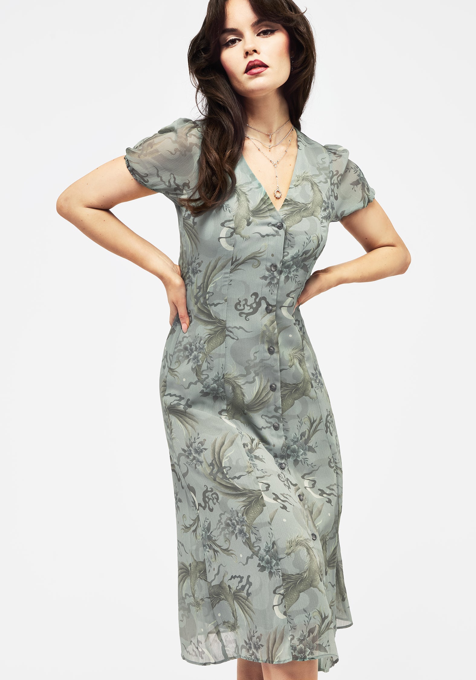 Sapphira Dragon Druck Chiffon Knopf Hoch Midi Kleid