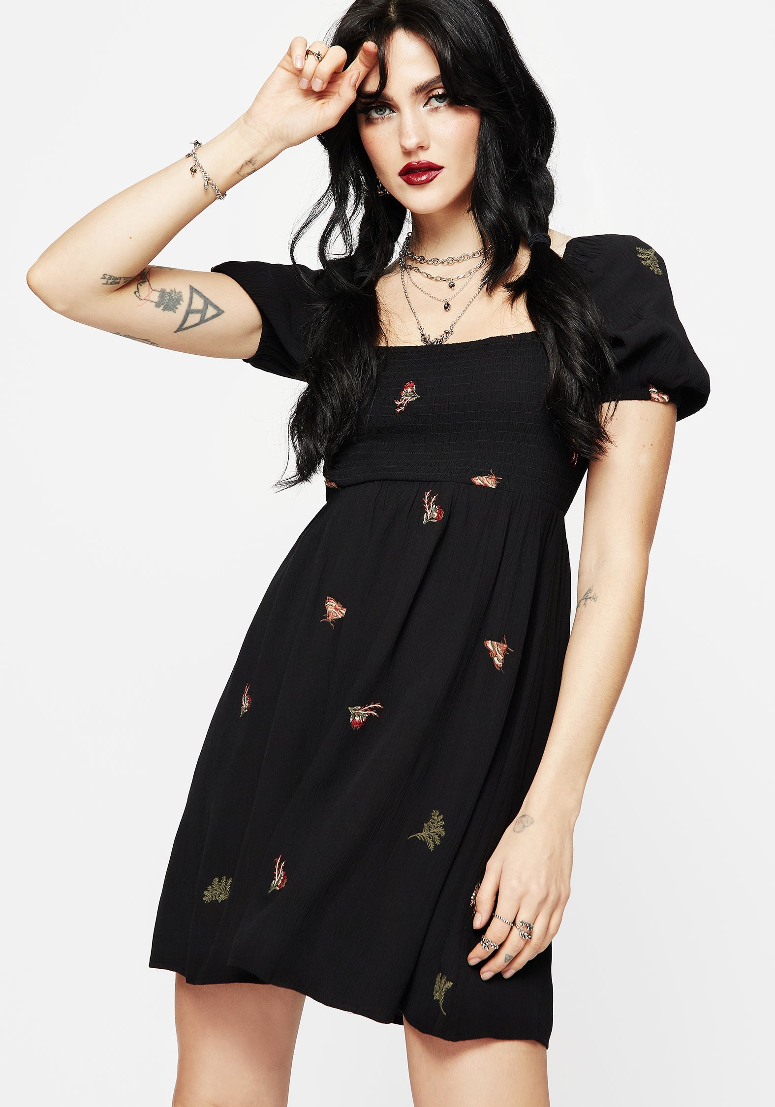 Copia Motte Bestickt Puffärmel Ärmel Mini Kleid