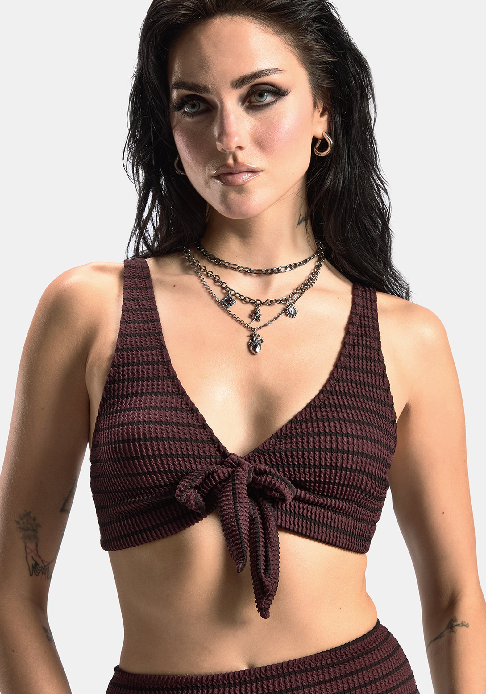 Mire Streifen Krawatte Detail Bikini Top - Burgunderrot