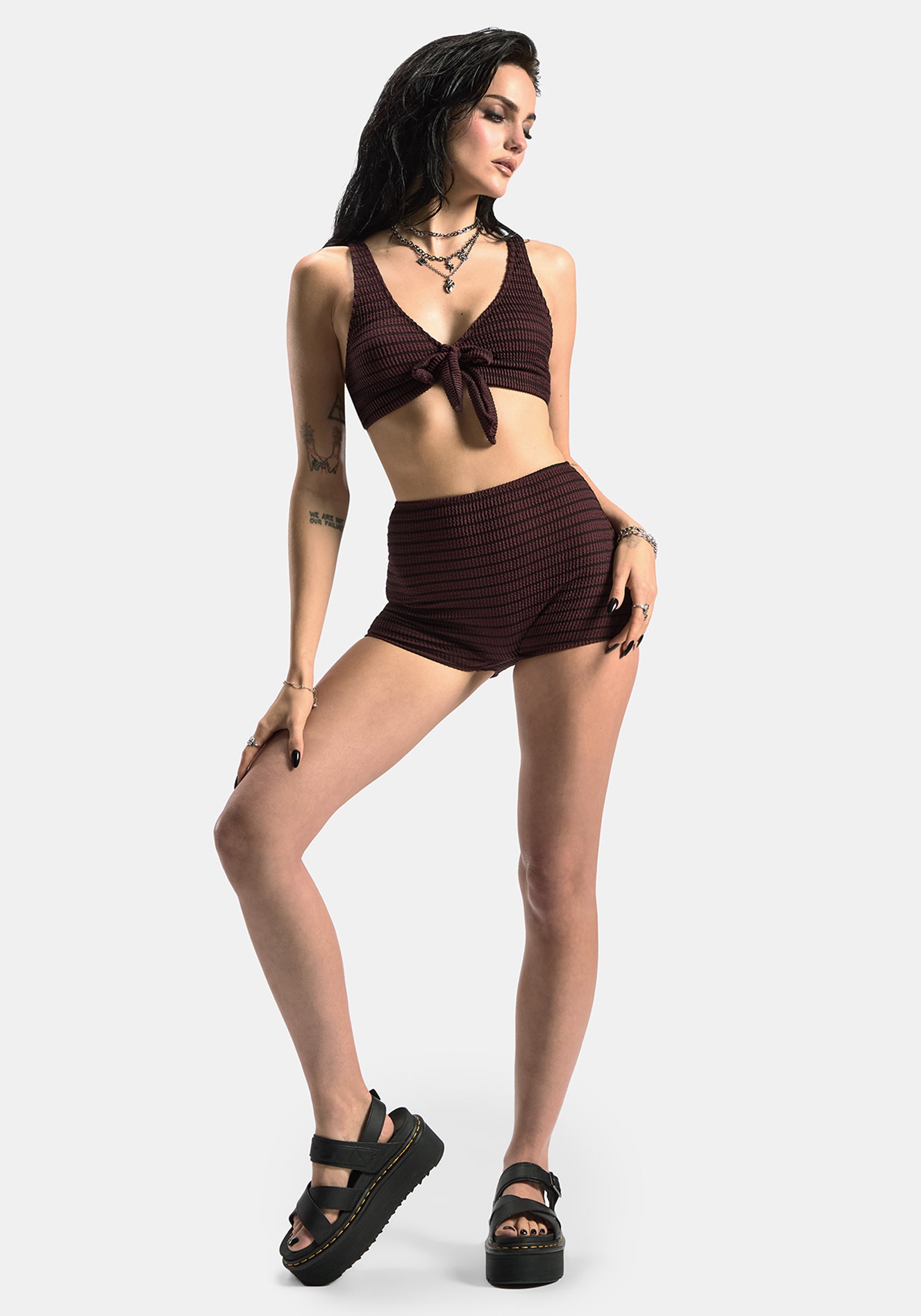 Mire Streifen Krawatte Detail Bikini Top - Burgunderrot