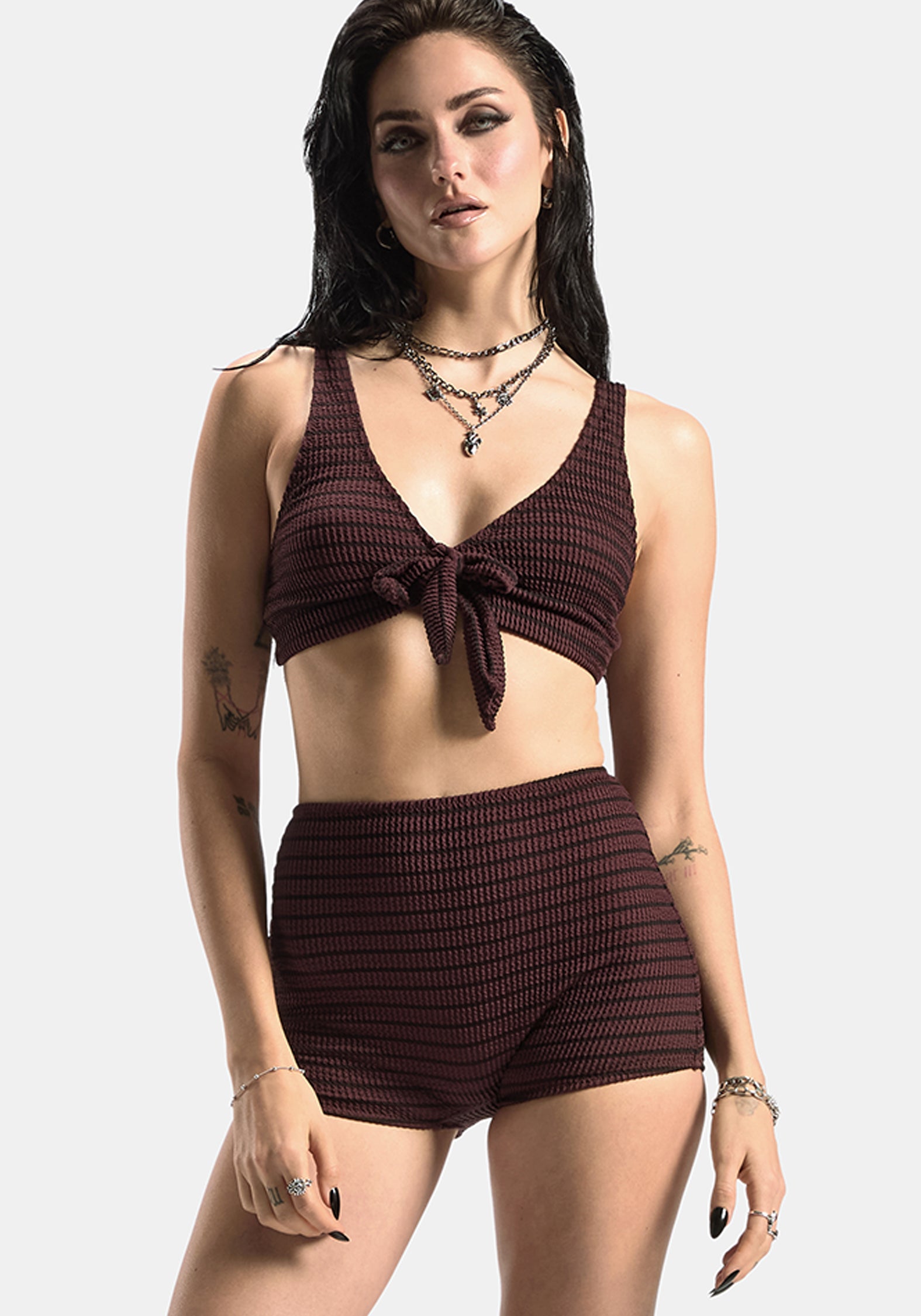 Mire Streifen Hoch Taille Schwimmen Shorts - Burgunderrot