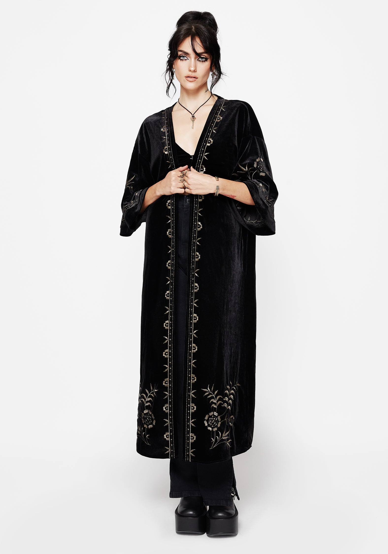 Kobra Samt Schlange Bestickt Langschnitt Kimono