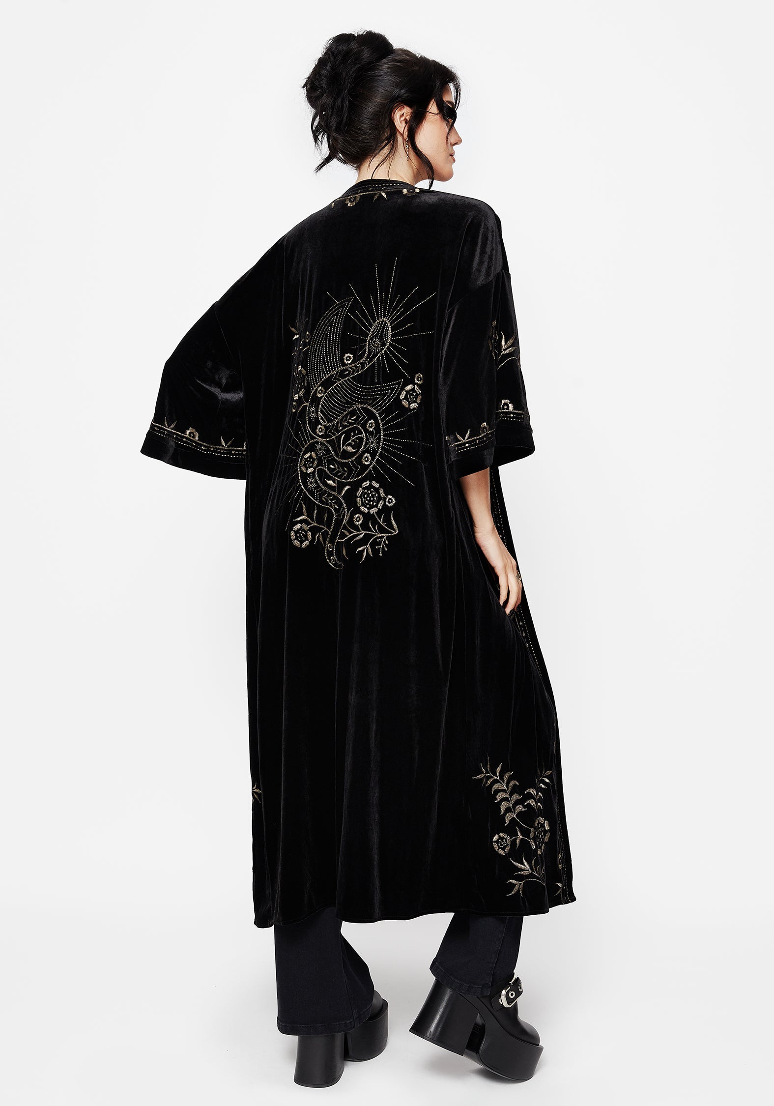 Kobra Samt Schlange Bestickt Langschnitt Kimono