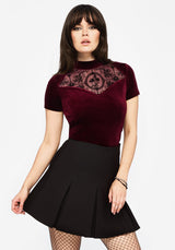 Cameo Blumenmuster Beflockt Mesh Velours Hoch Hals Top - Rot