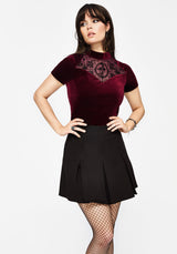 Cameo Blumenmuster Beflockt Mesh Velours Hoch Hals Top - Rot