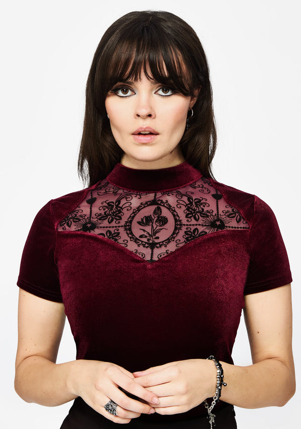 Cameo Blumenmuster Beflockt Mesh Velours Hoch Hals Top - Rot