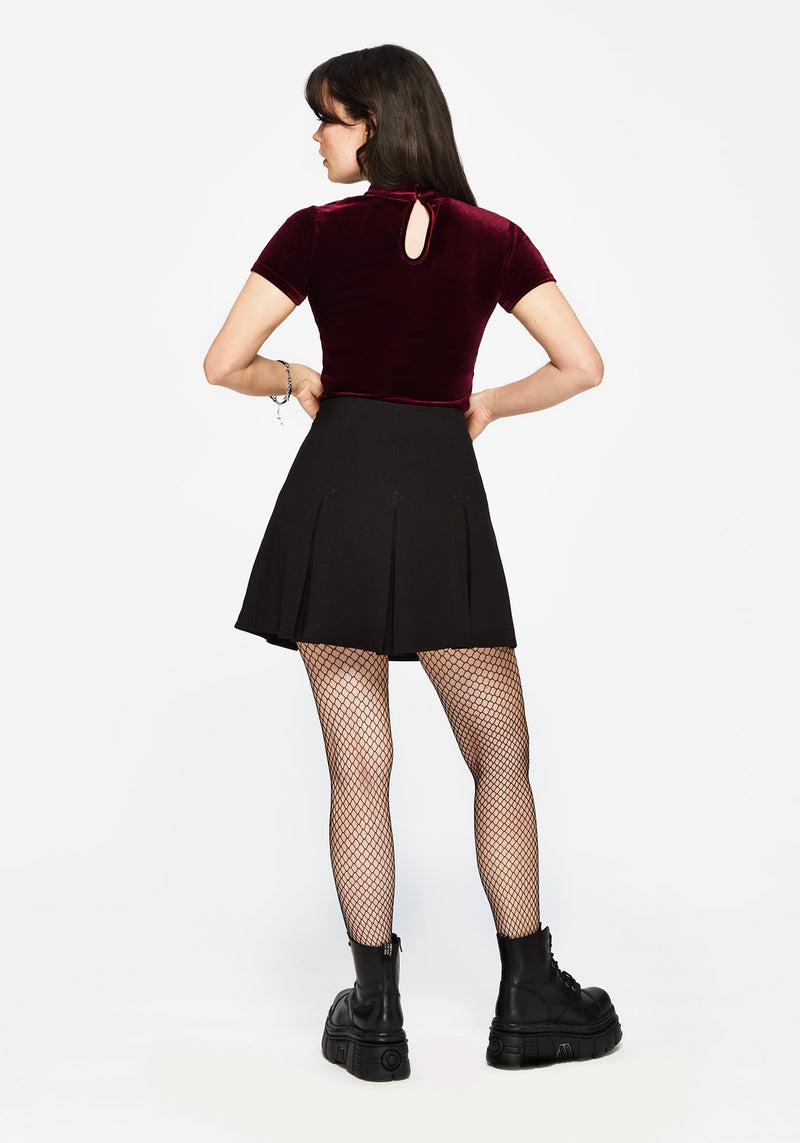 Cameo Blumenmuster Beflockt Mesh Velours Hoch Hals Top - Rot