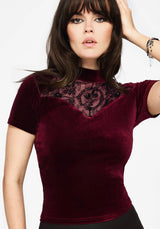 Cameo Blumenmuster Beflockt Mesh Velours Hoch Hals Top - Rot