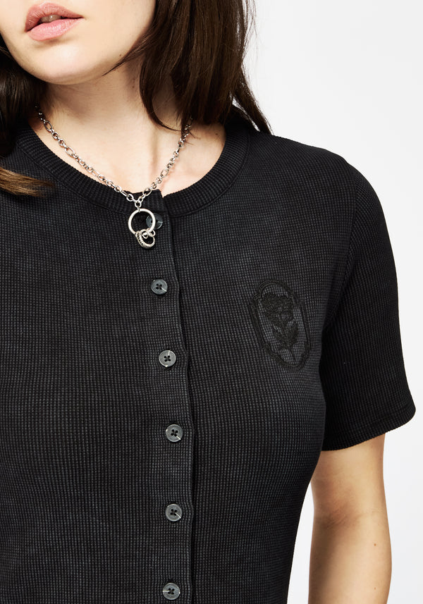 Faye Cotton-Blend Blumenmuster Bestickt Waffle Knopf Hoch Top
