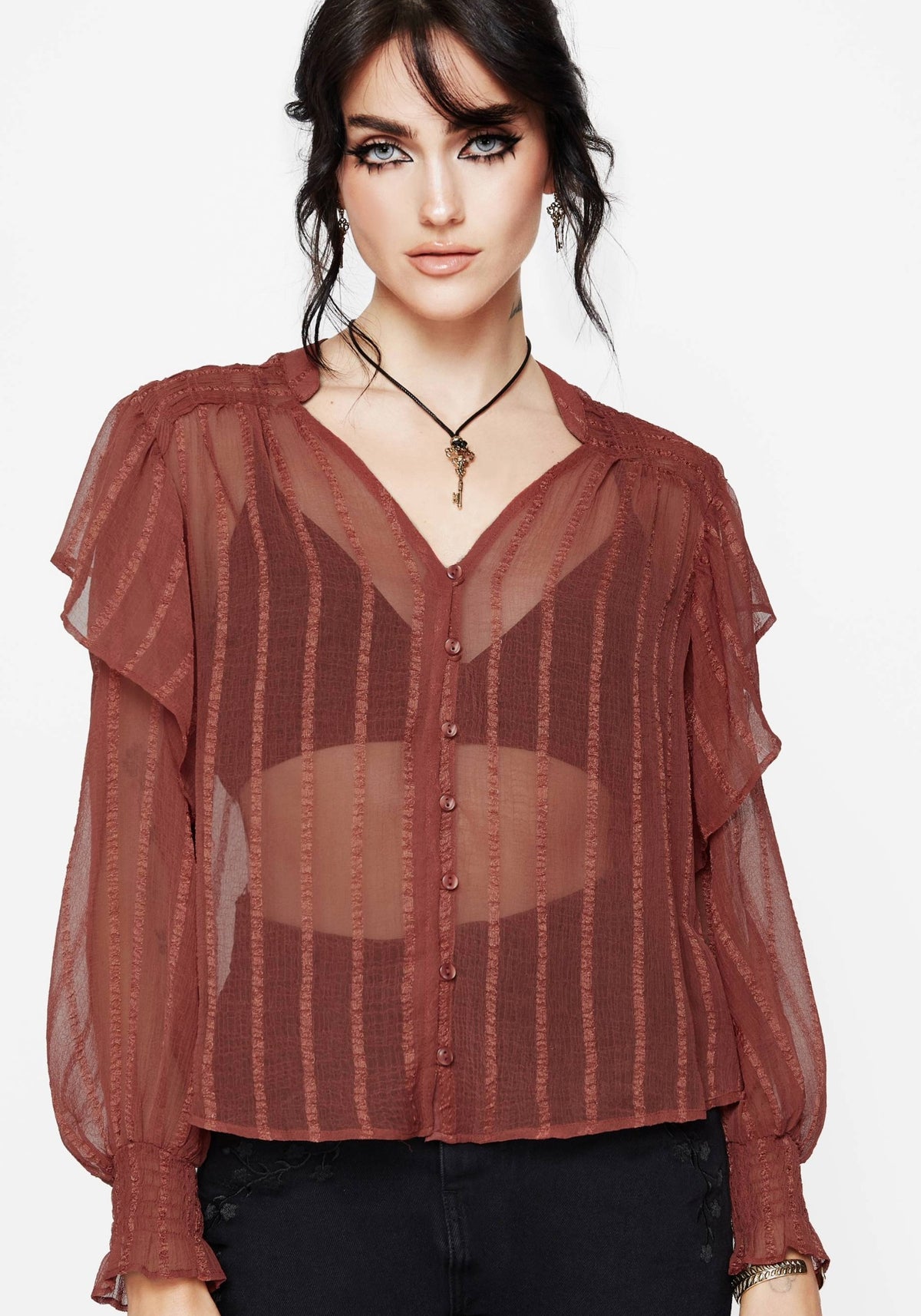 Asteria Transparent Strukturiert Streifen Rüsche Bluse