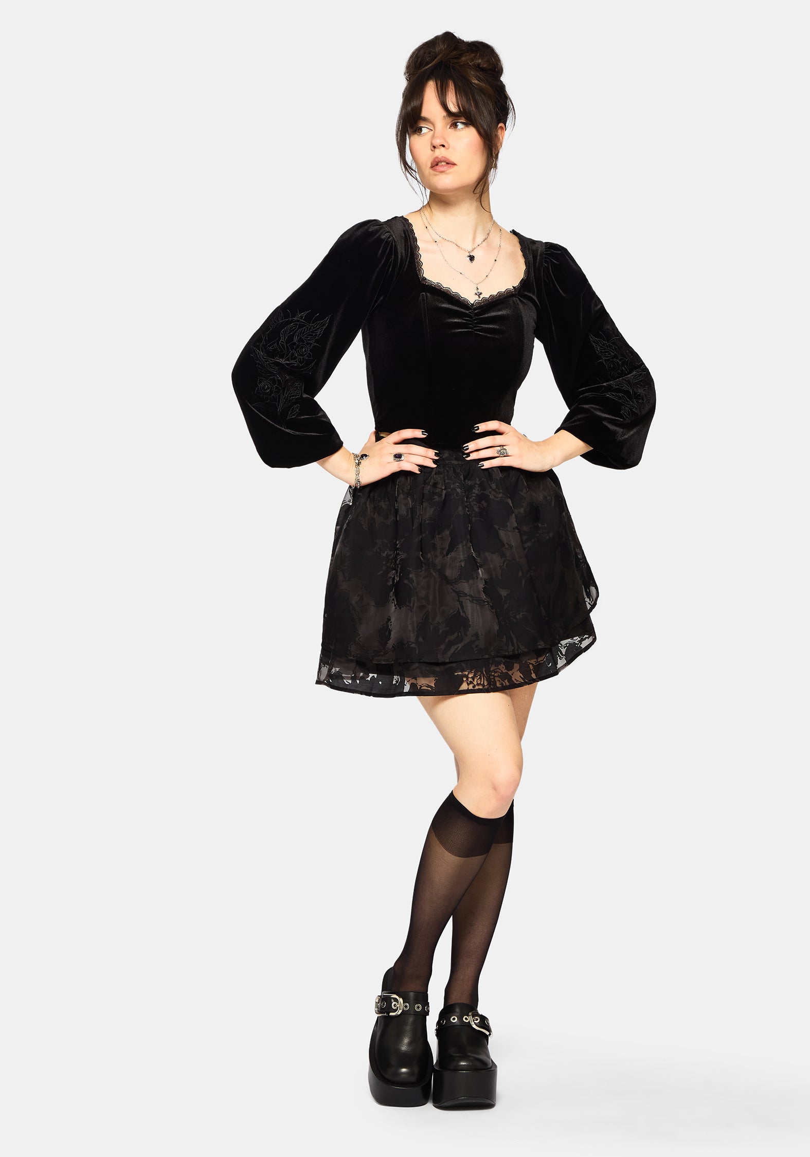 Nelle Velours Bestickt Puffärmel Ärmel Korsett Top