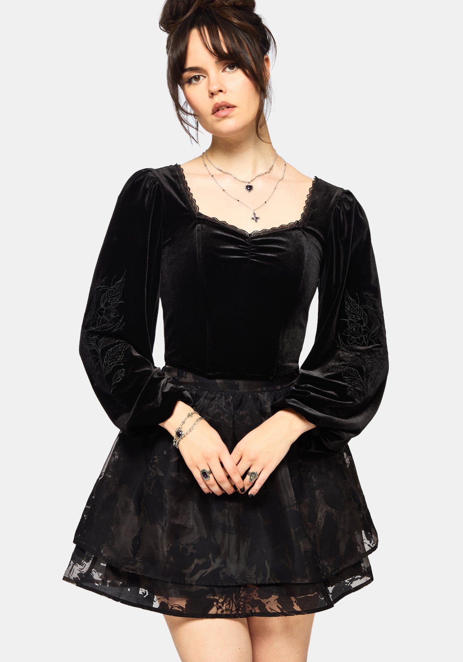 Nelle Velours Bestickt Puffärmel Ärmel Korsett Top
