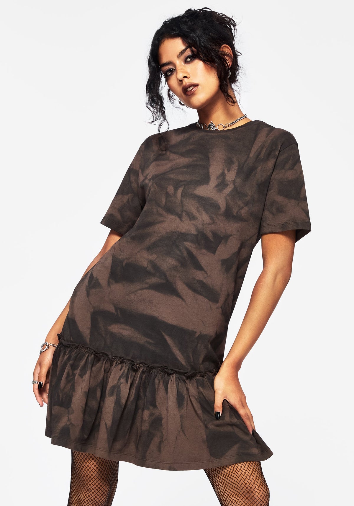 Mugwort Baumwolle Ombre Jersey Rüsche Saum Mini Kleid