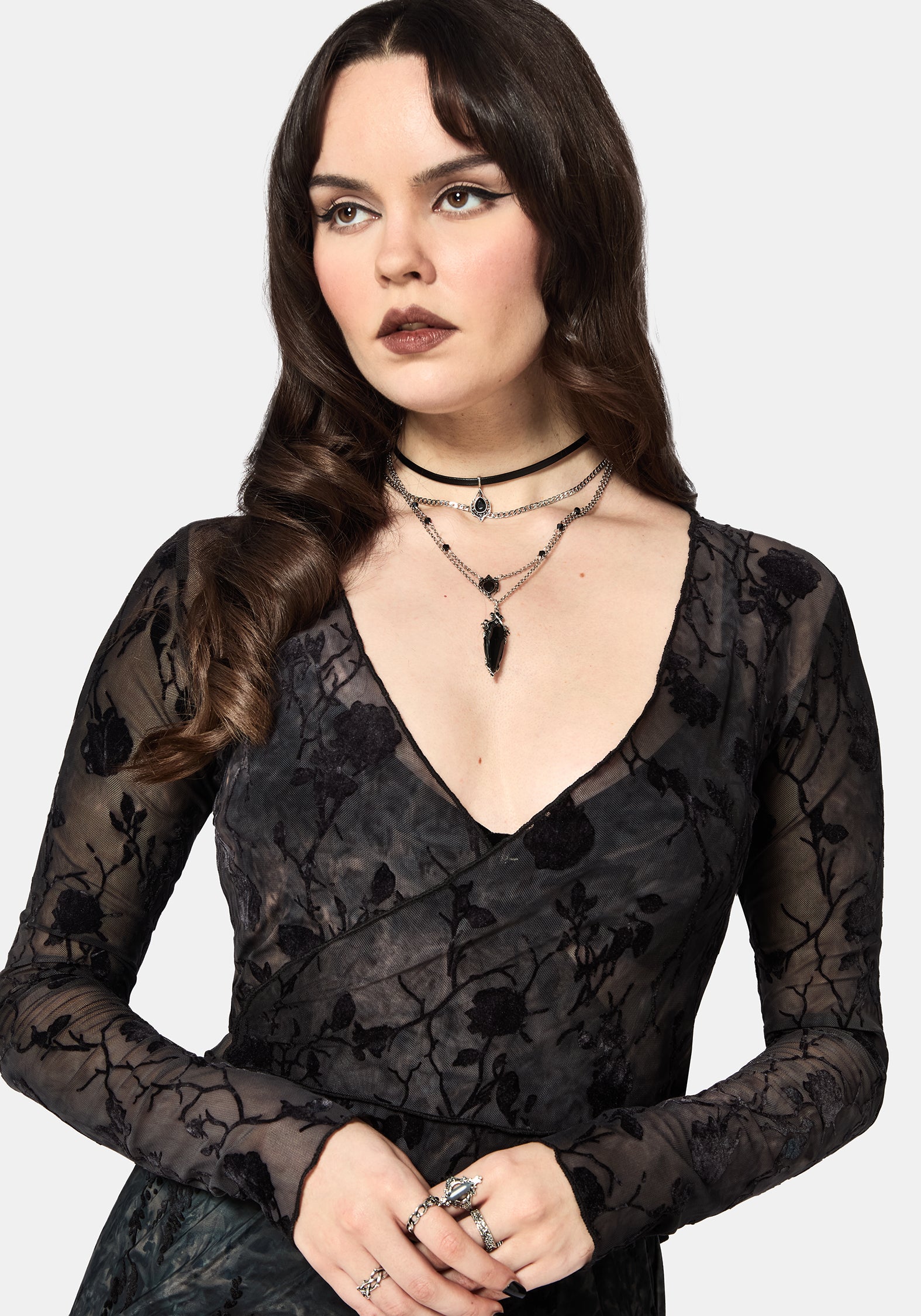 Monroe Beflockt Lang Mit Ärmeln Mesh Wickel Über Top