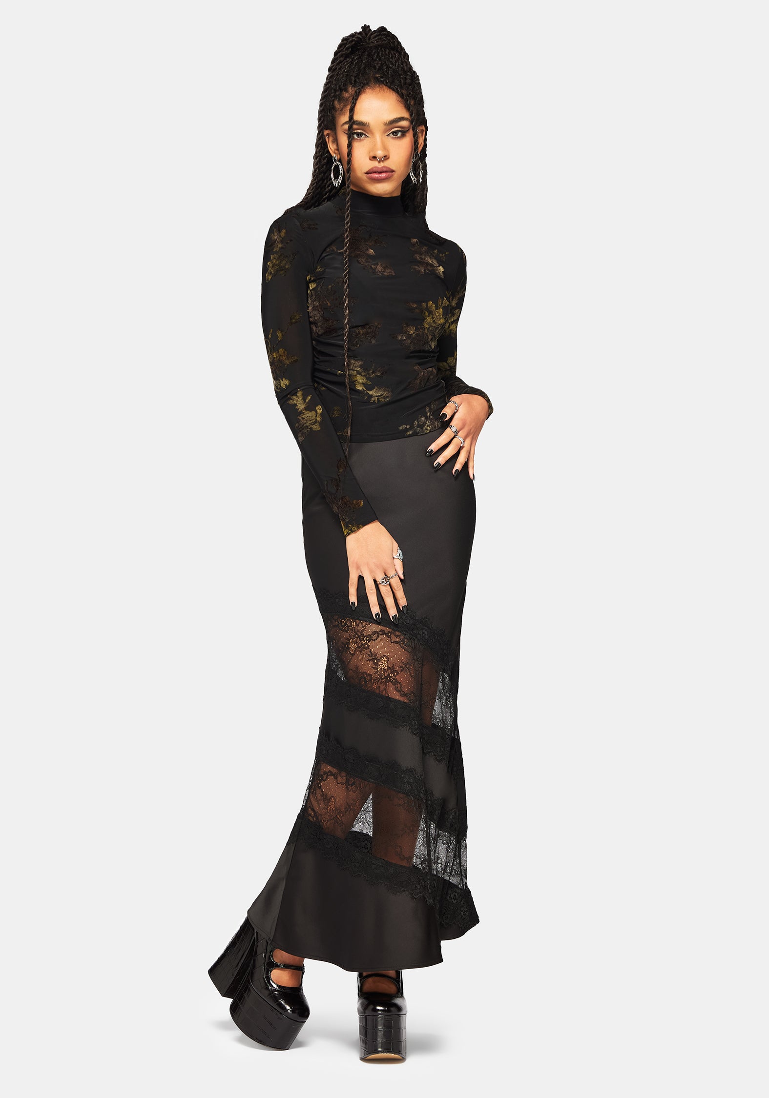 Velda Blumenmuster Beflockt Ruche Seite Mesh Top