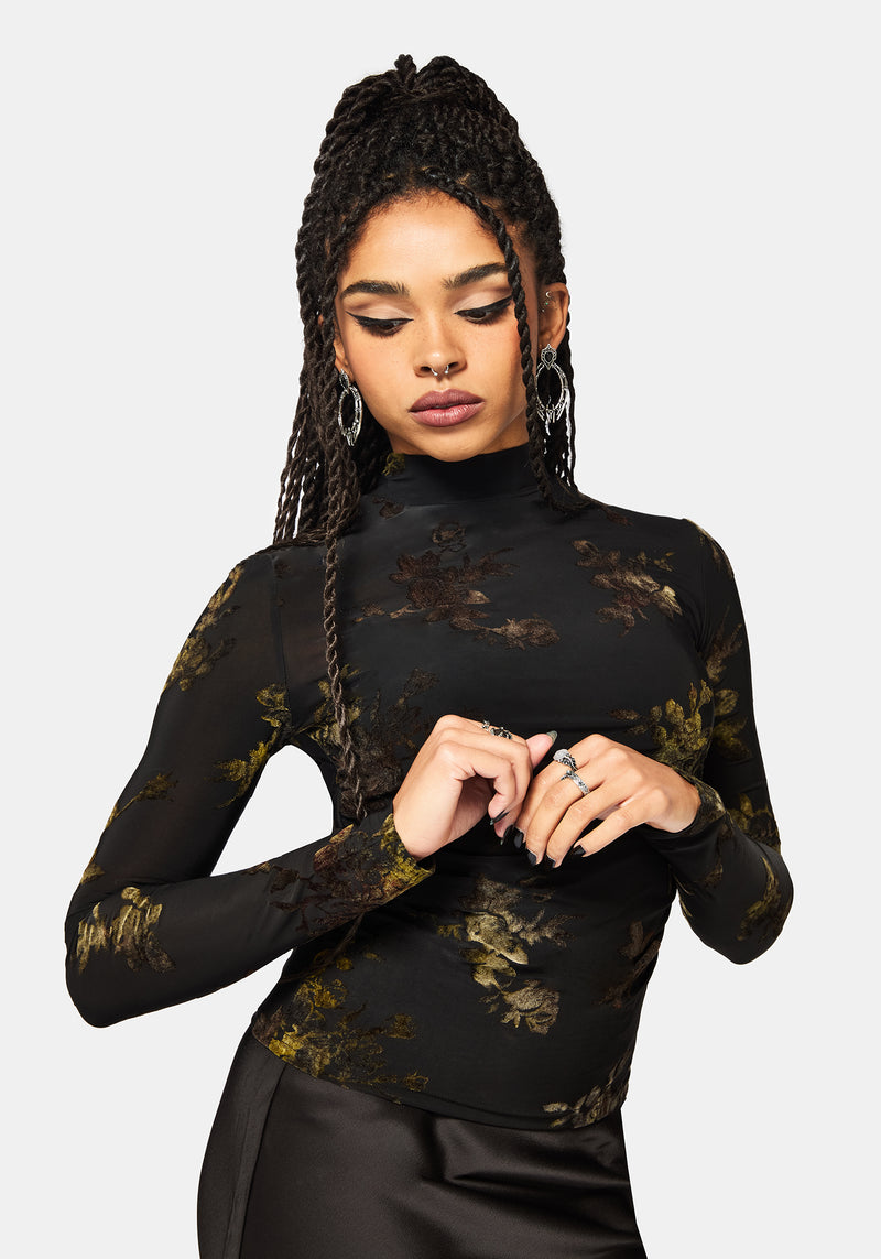 Velda Floral Flocked Ruche Side Mesh Top