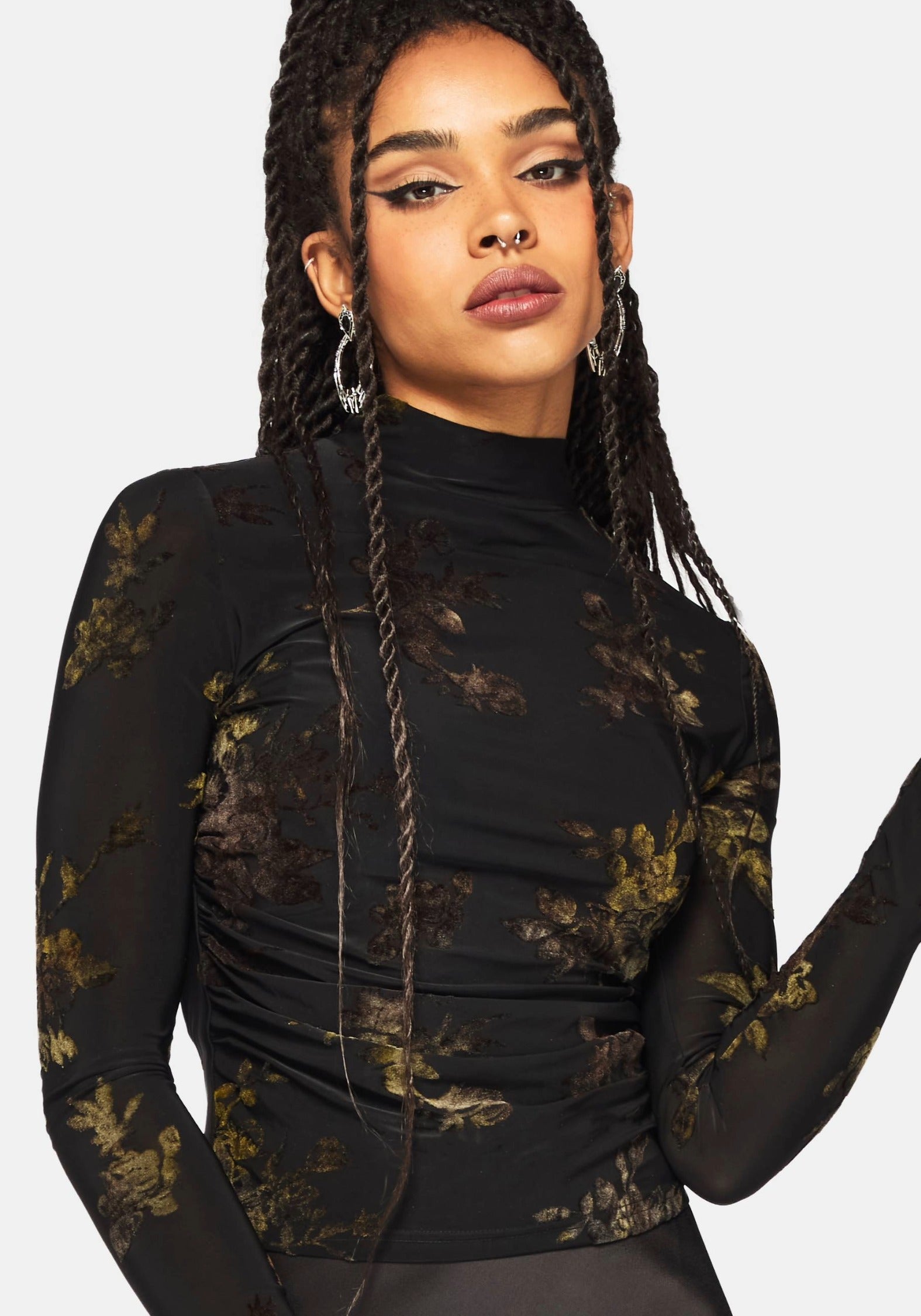 Velda Blumenmuster Beflockt Ruche Seite Mesh Top