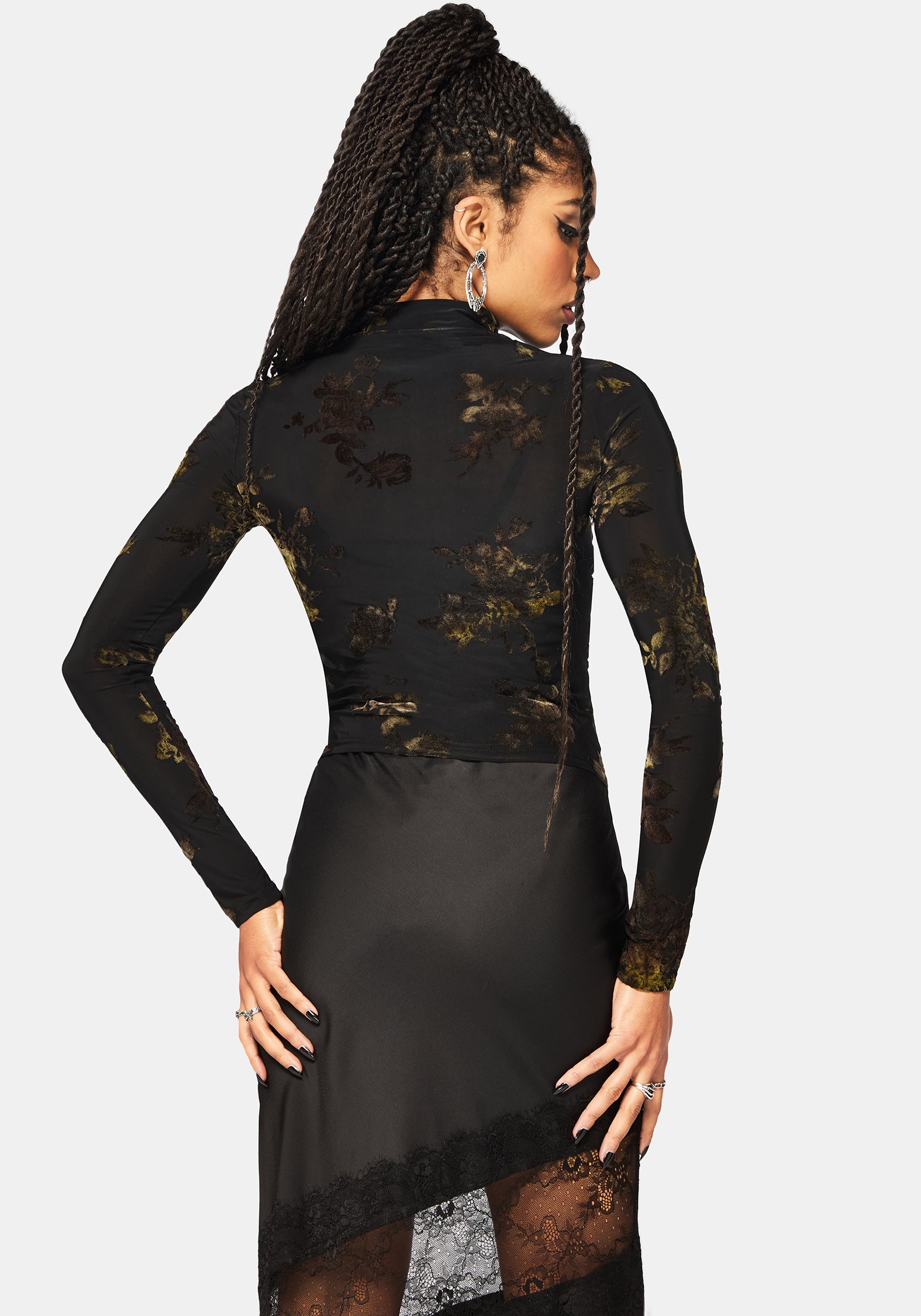 Velda Blumenmuster Beflockt Ruche Seite Mesh Top