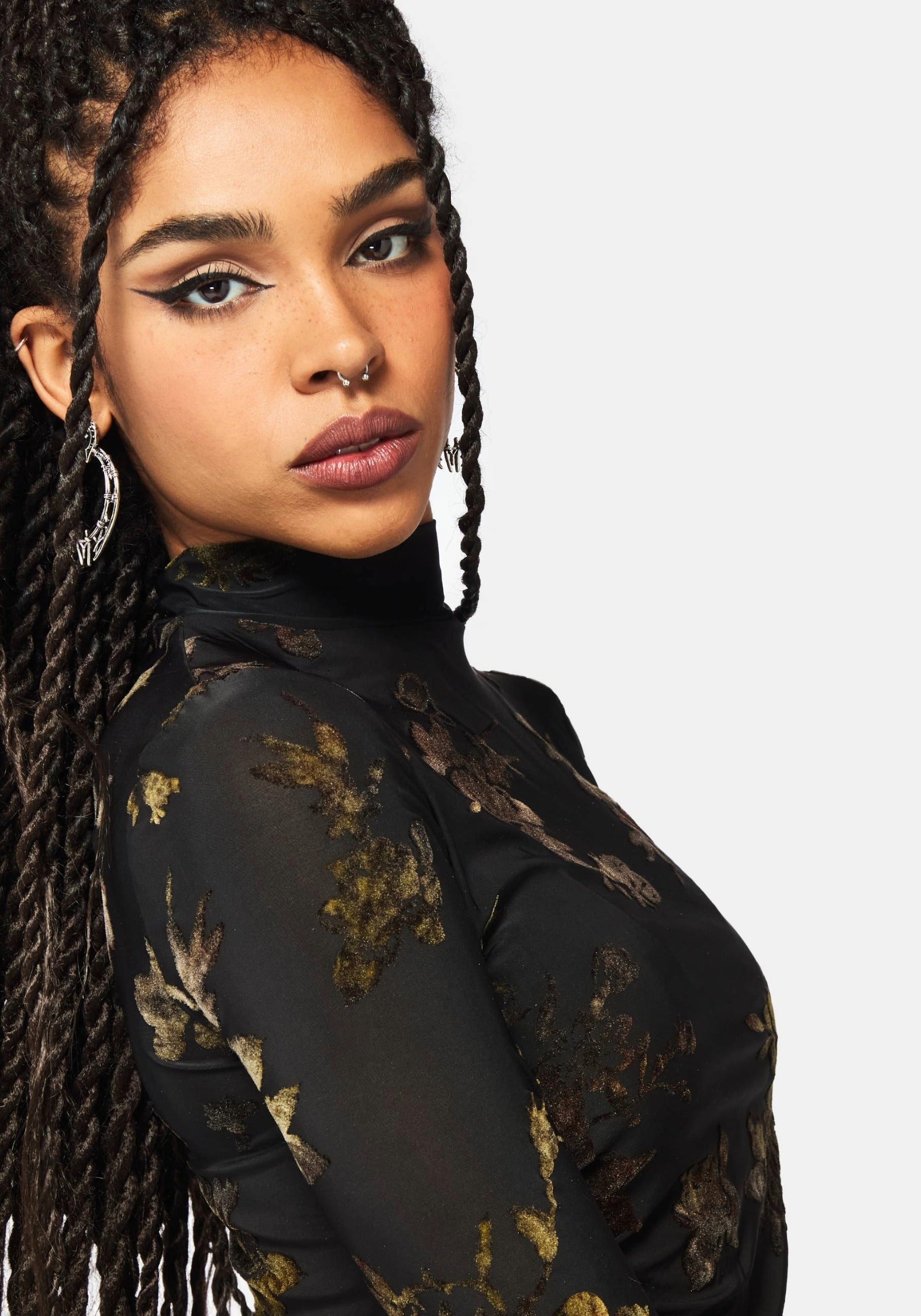Velda Blumenmuster Beflockt Ruche Seite Mesh Top
