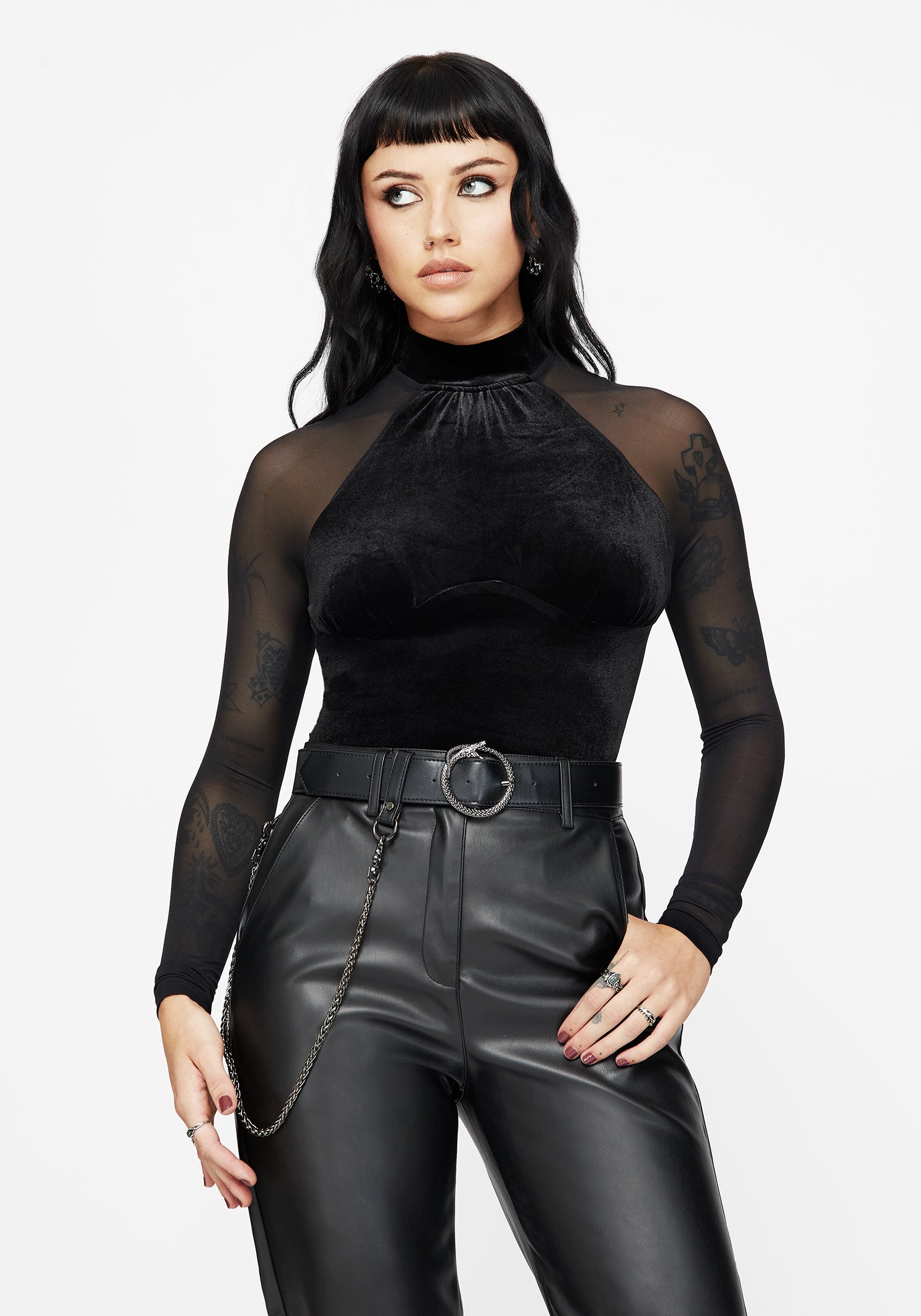 Vespera Samt Mesh Lang Mit Ärmeln Top