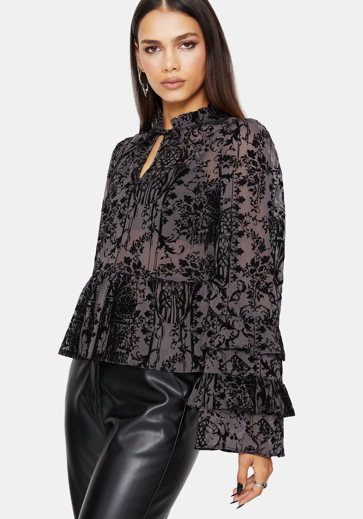 Thorned Beflockt Castle Druck Chiffon Rüsche Bluse