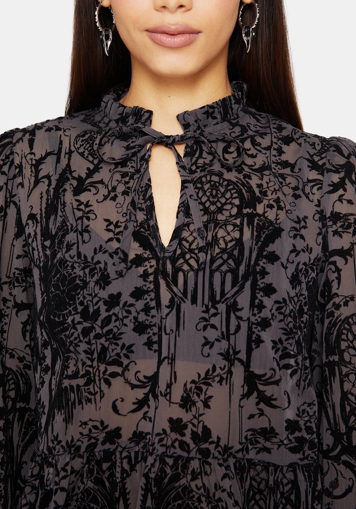 Thorned Beflockt Castle Druck Chiffon Rüsche Bluse