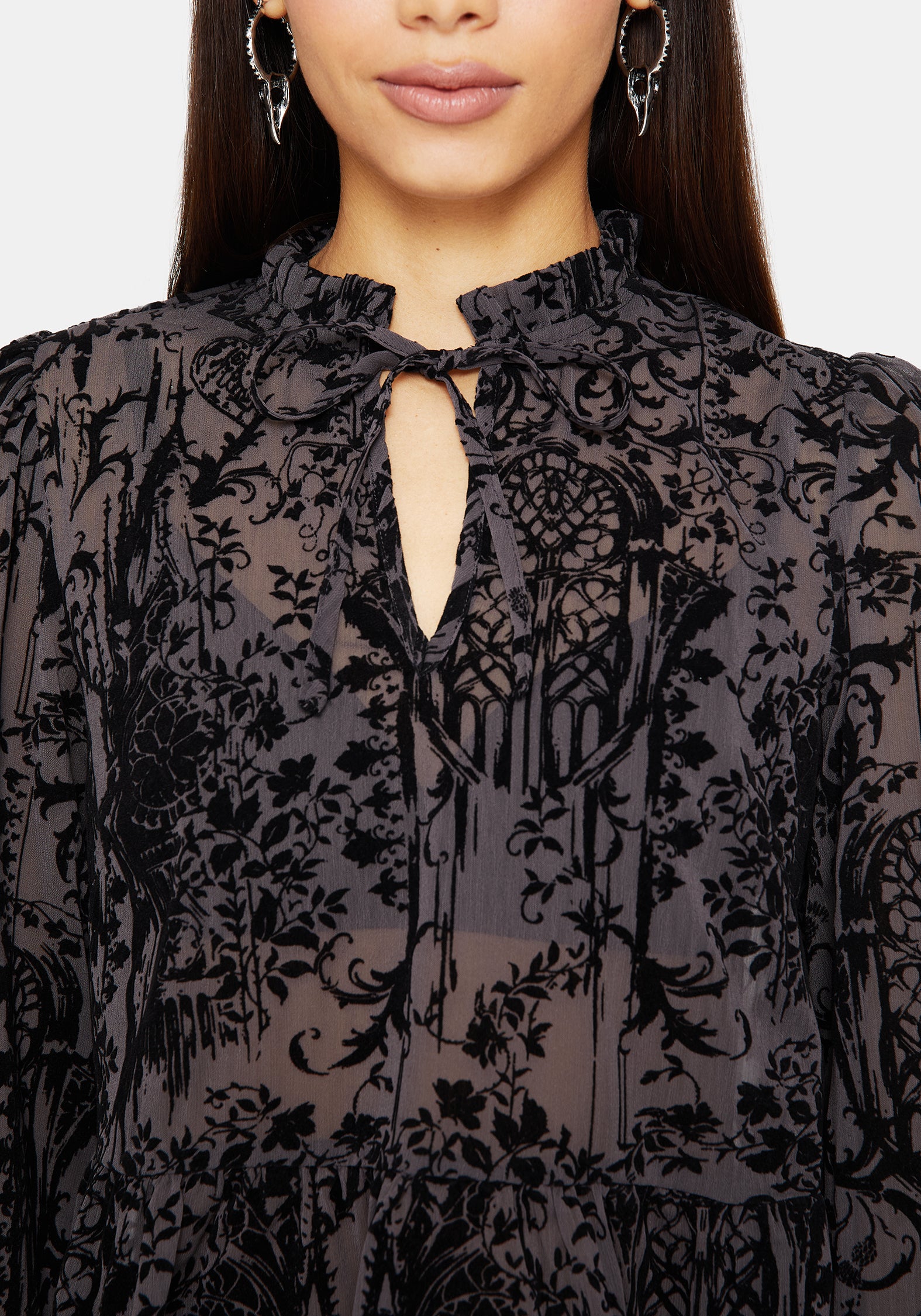 Thorned Beflockt Castle Druck Chiffon Rüsche Bluse