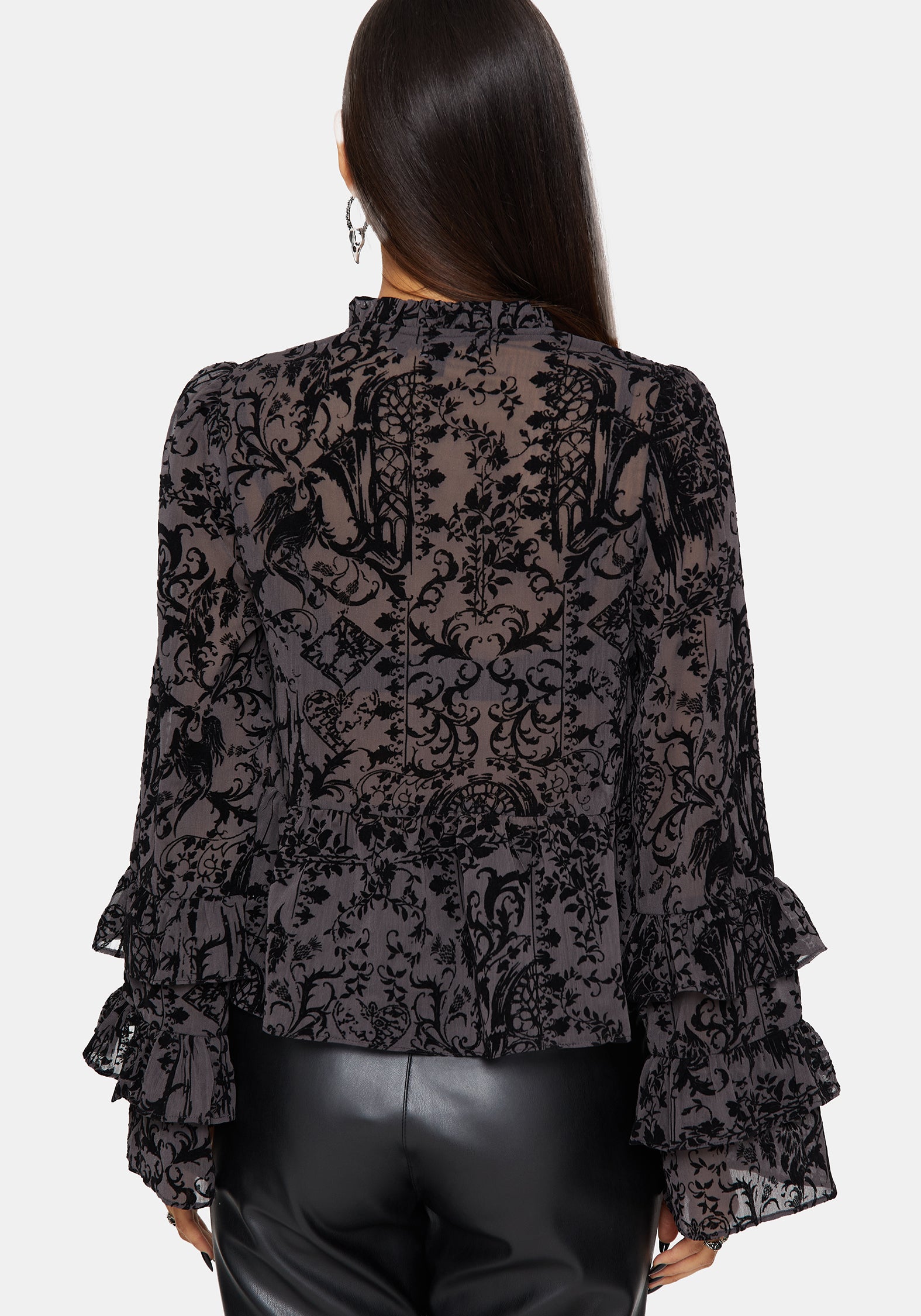 Thorned Beflockt Castle Druck Chiffon Rüsche Bluse