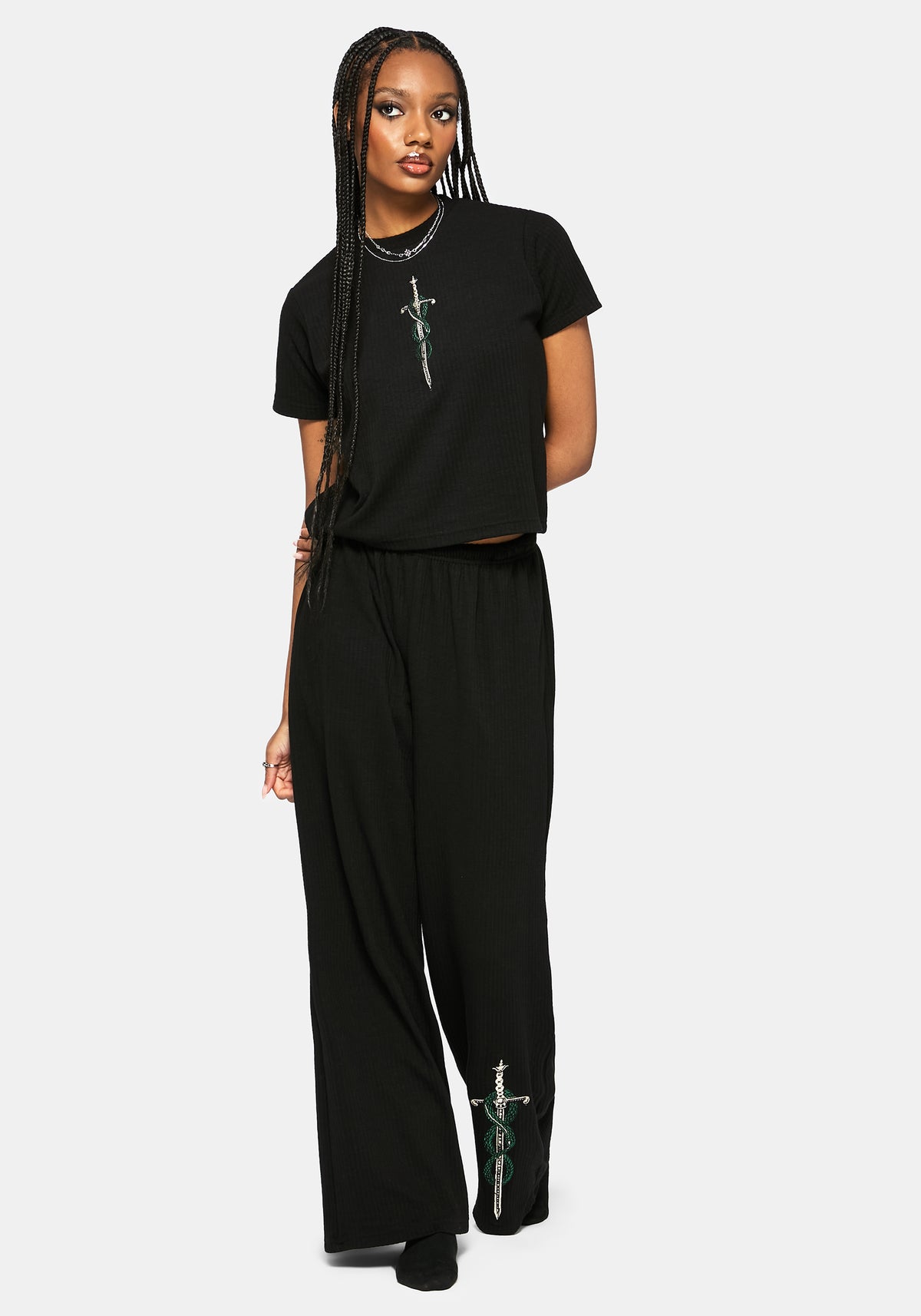 Aelin Schwert Bestickt Kurz Ärmel Ribbed Top