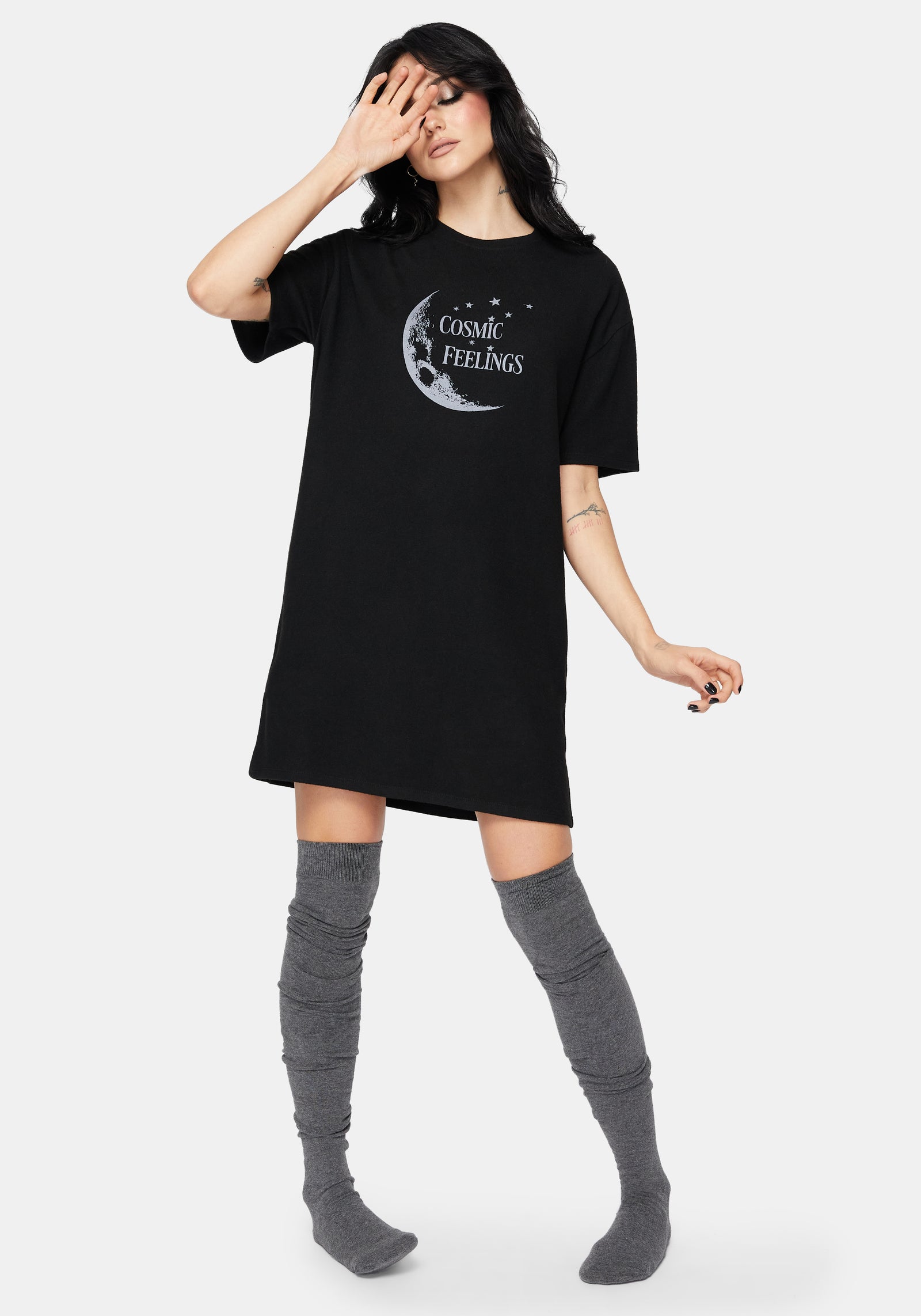 Kosmisch Mond Grafik Druck Mini Pyjama T-Shirt Kleid