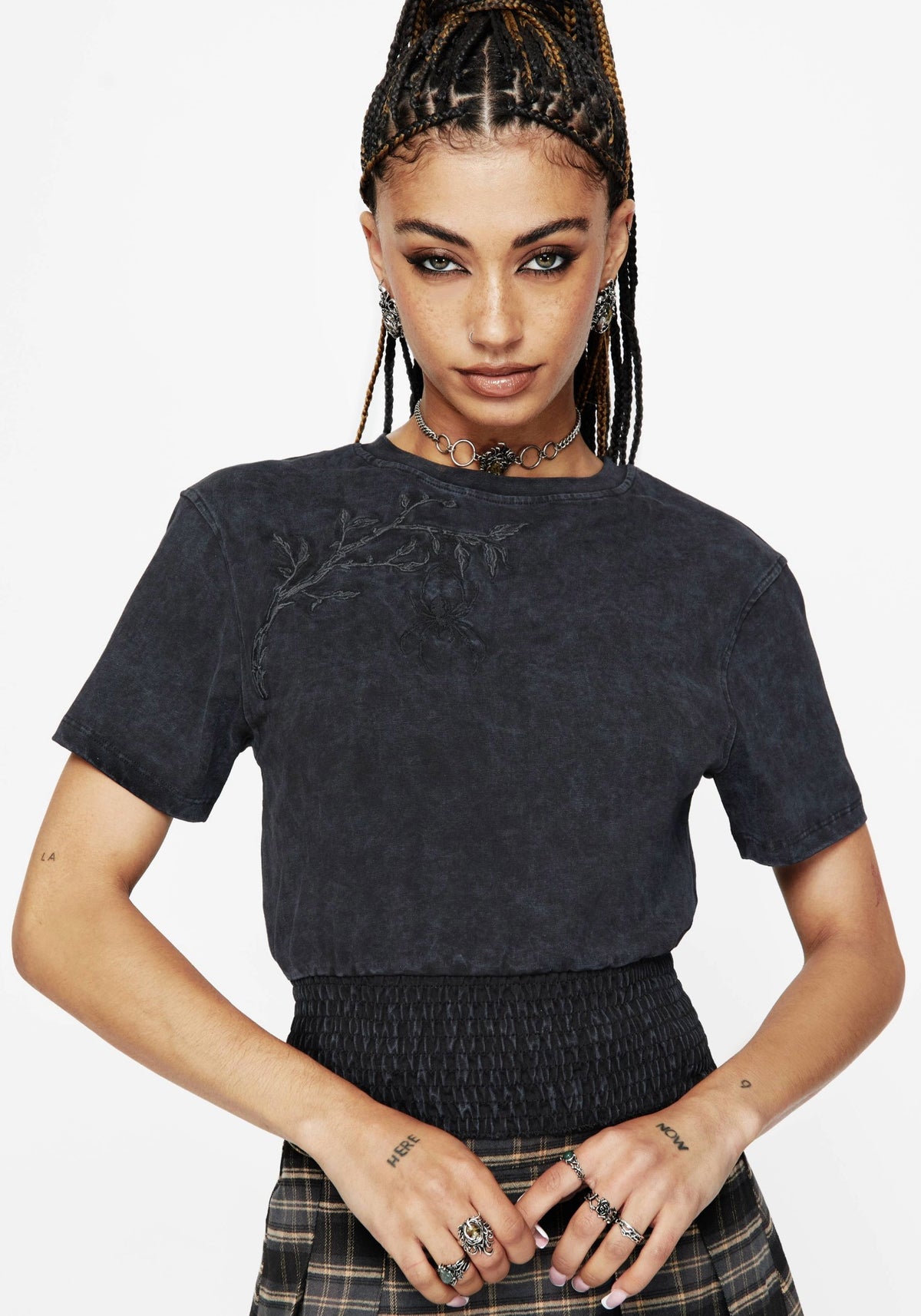 Lamia Spinne Bestickt Rüsche Taille Baumwolle T-Shirt