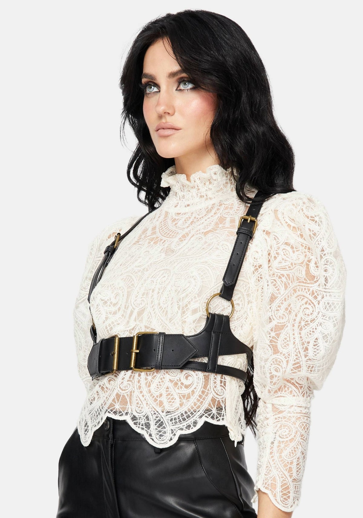 Lyra Spitze Gerafft Hoch Hals Bluse