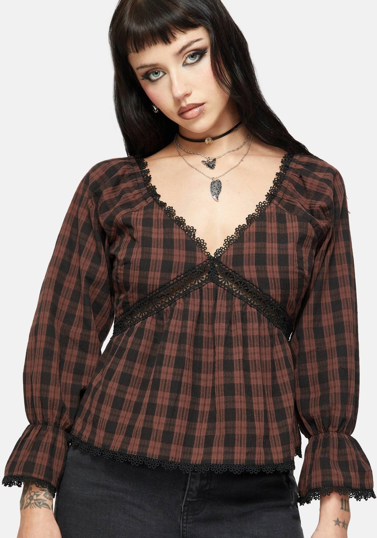 Ava Gingham Lang Mit Ärmeln Bluse