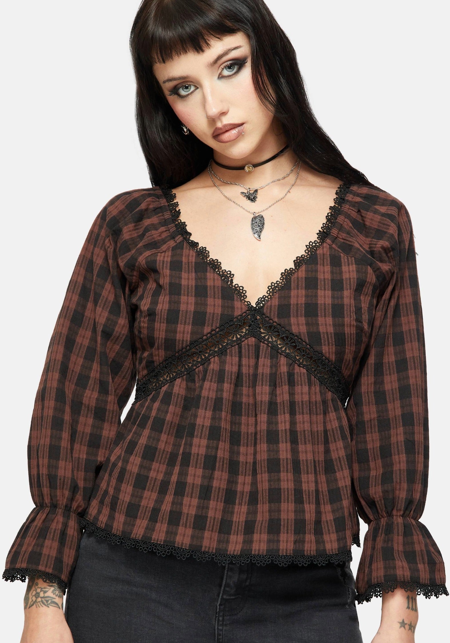 Ava Gingham Lang Mit Ärmeln Bluse