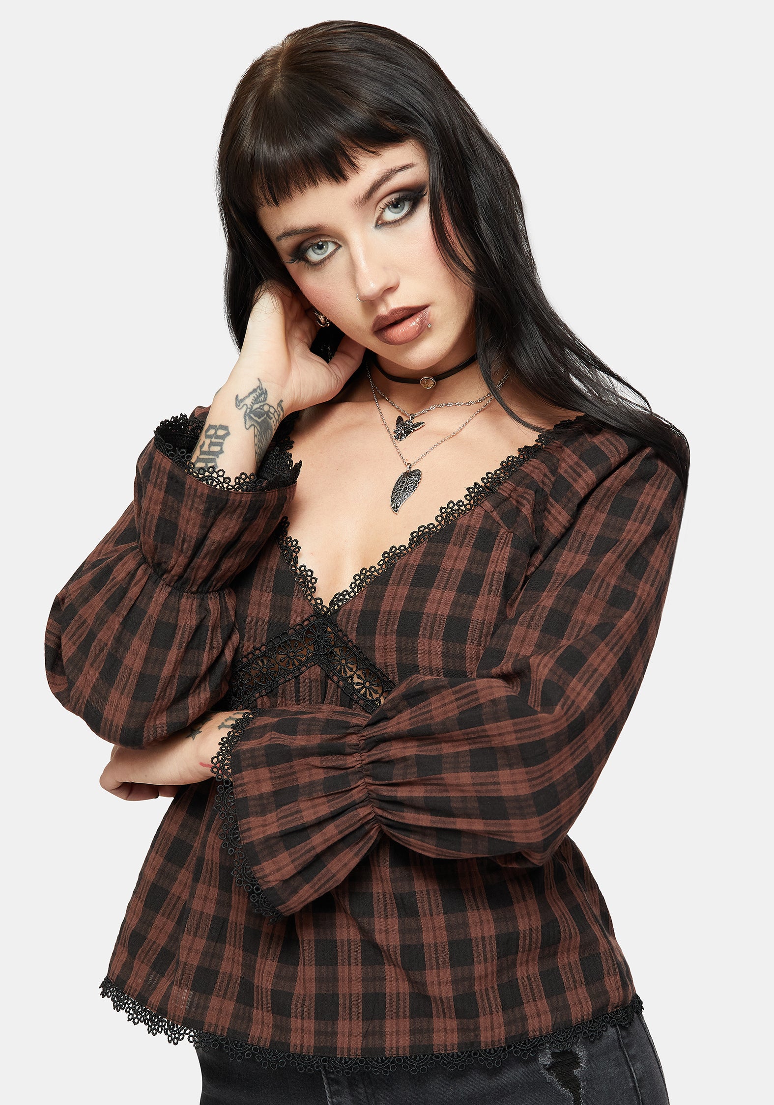 Ava Gingham Lang Mit Ärmeln Bluse
