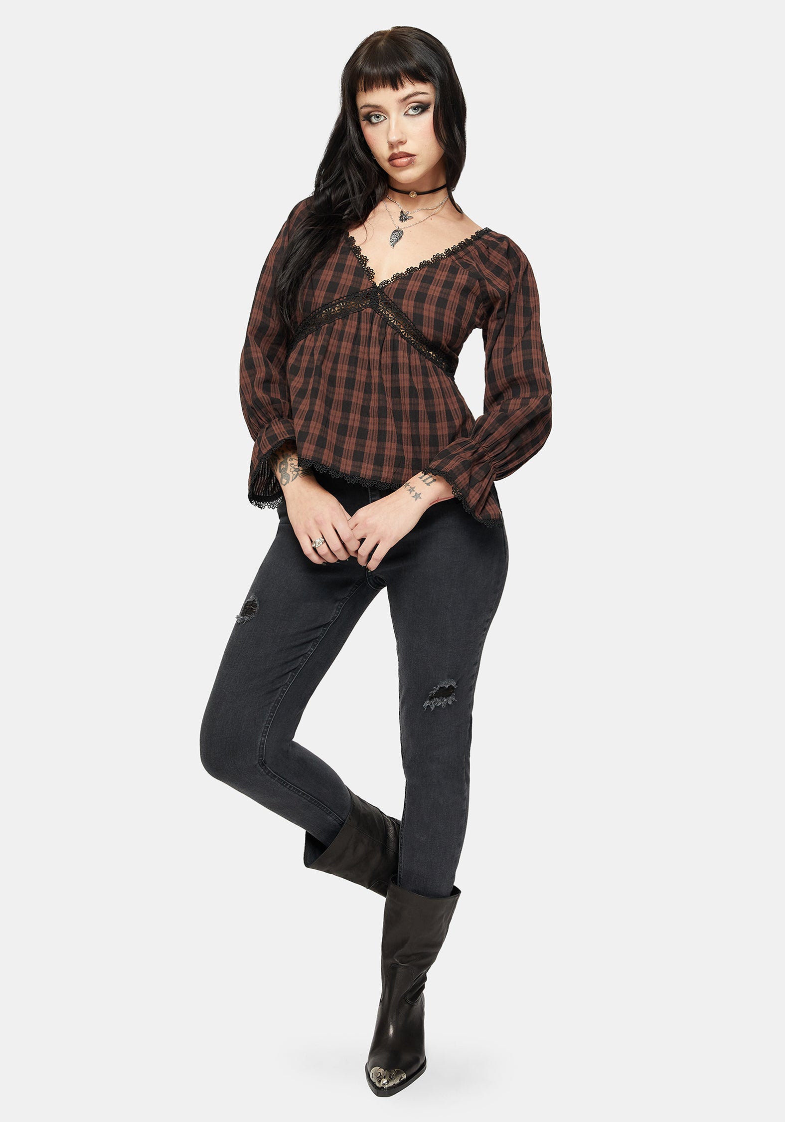 Ava Gingham Lang Mit Ärmeln Bluse