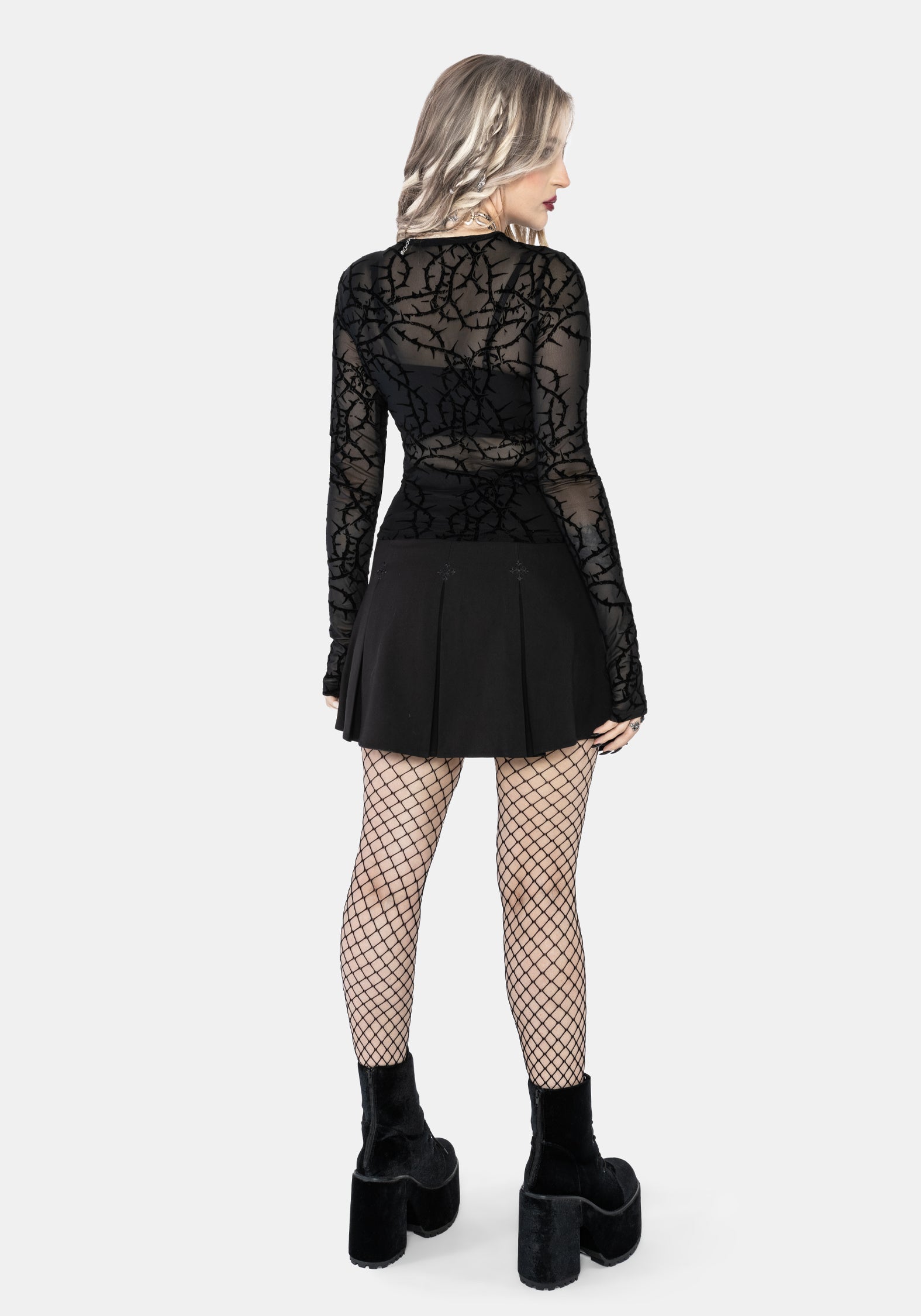 Prickle Dorn Druck Mesh Lang Ärmel Top - Schwarz