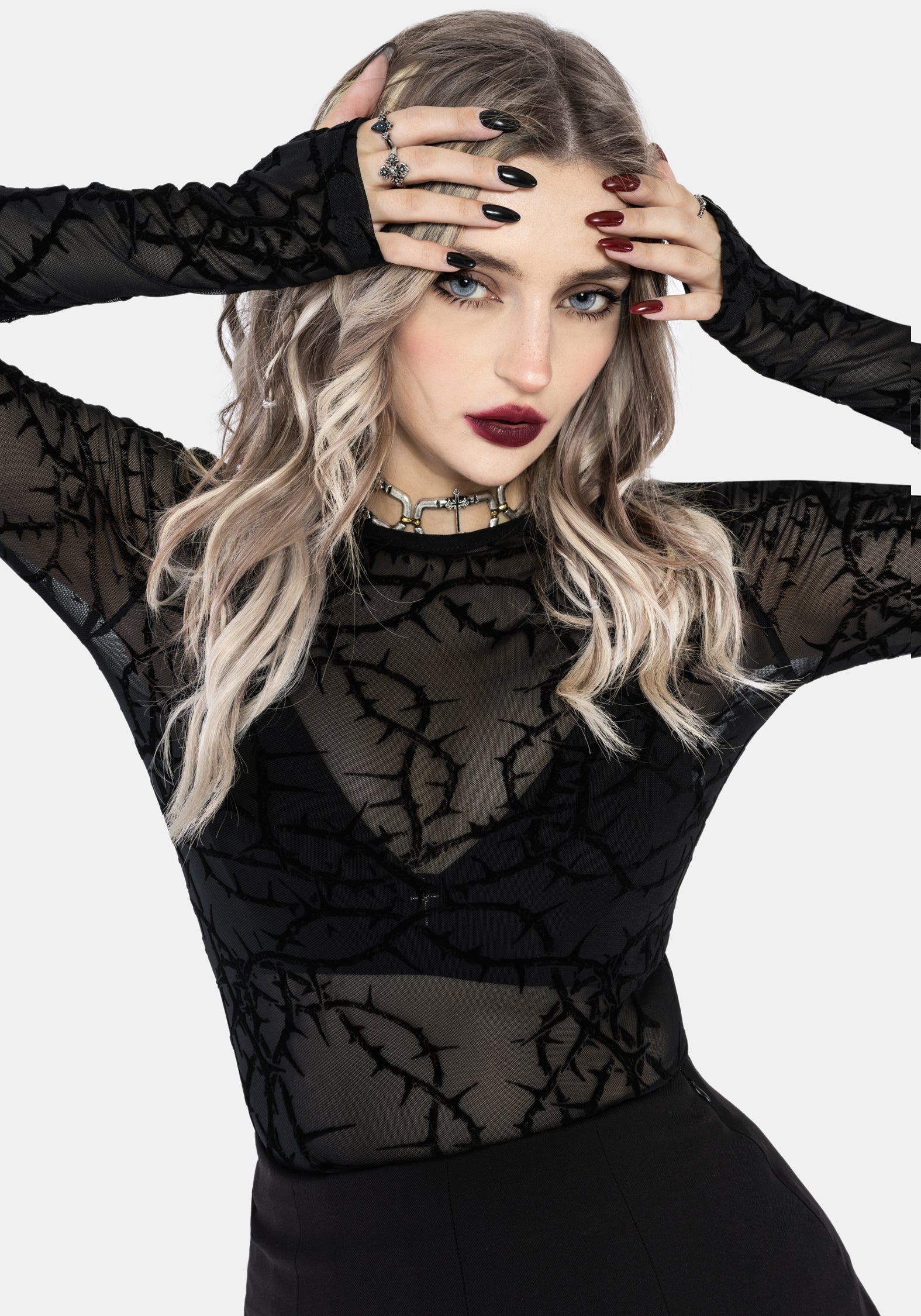 Prickle Dorn Druck Mesh Lang Ärmel Top - Schwarz