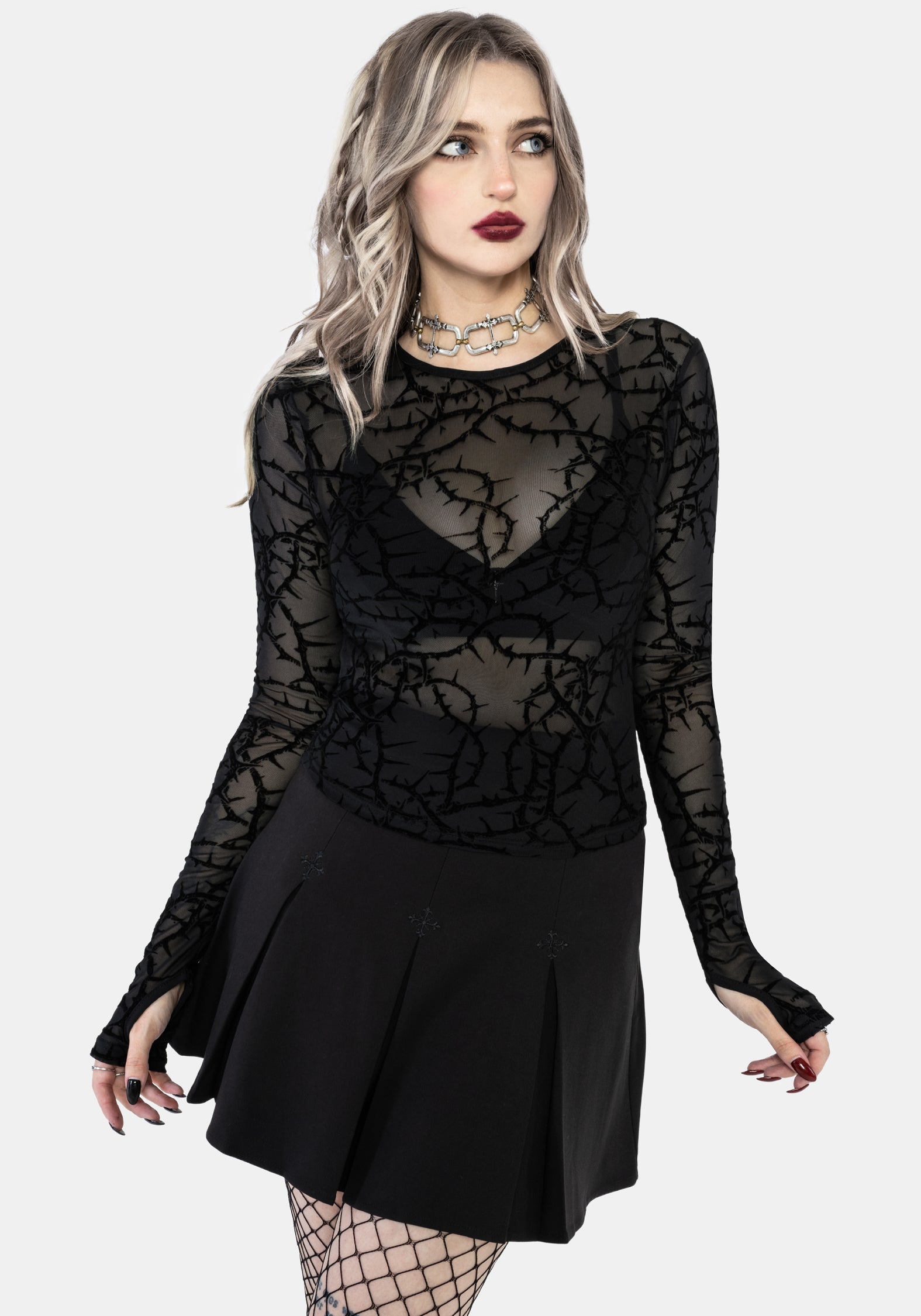 Prickle Dorn Druck Mesh Lang Ärmel Top - Schwarz