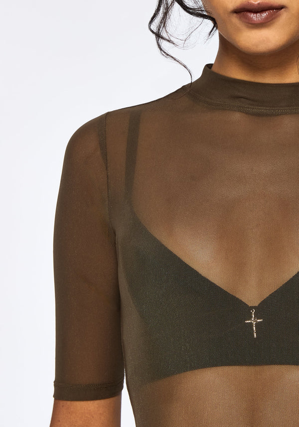 Jinx Mesh Kurz Ärmel Top - Khaki Grün