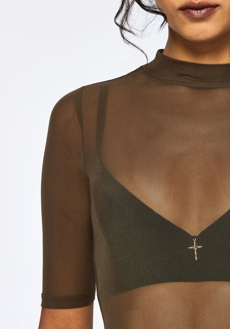 Jinx Mesh Kurz Ärmel Top - Khaki Grün