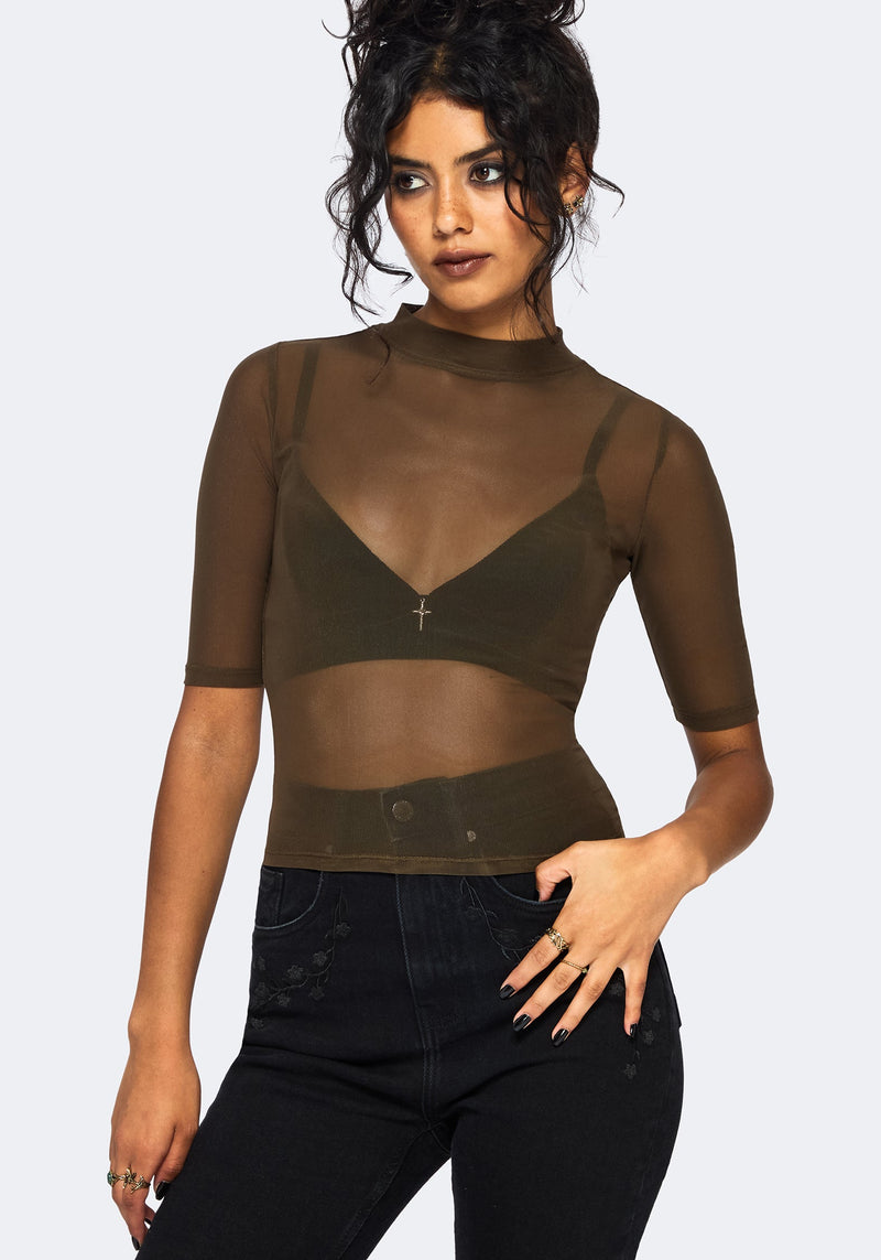 Jinx Mesh Kurz Ärmel Top - Khaki Grün