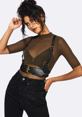 Jinx Mesh Kurz Ärmel Top - Khaki Grün